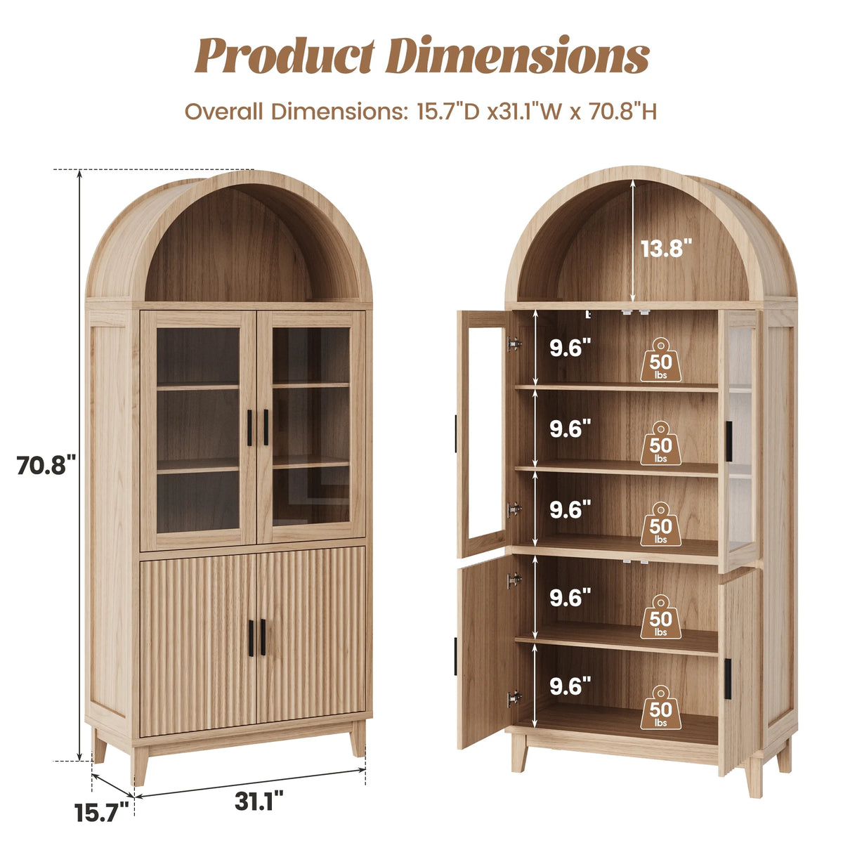 VEANERWOOD 71 Armoire haute cintrée, meuble de rangement de cuisine en bois cannelé avec 4 portes et 6 étagères pour salle à manger et salon