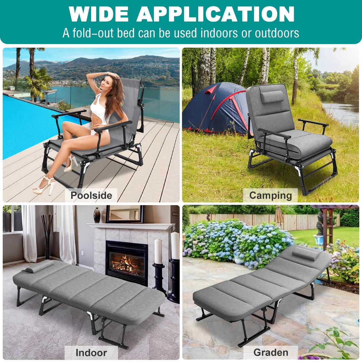 FICISOG Cadre de lit portable avec matelas, lits de repos pliables pour adultes et enfants, gris