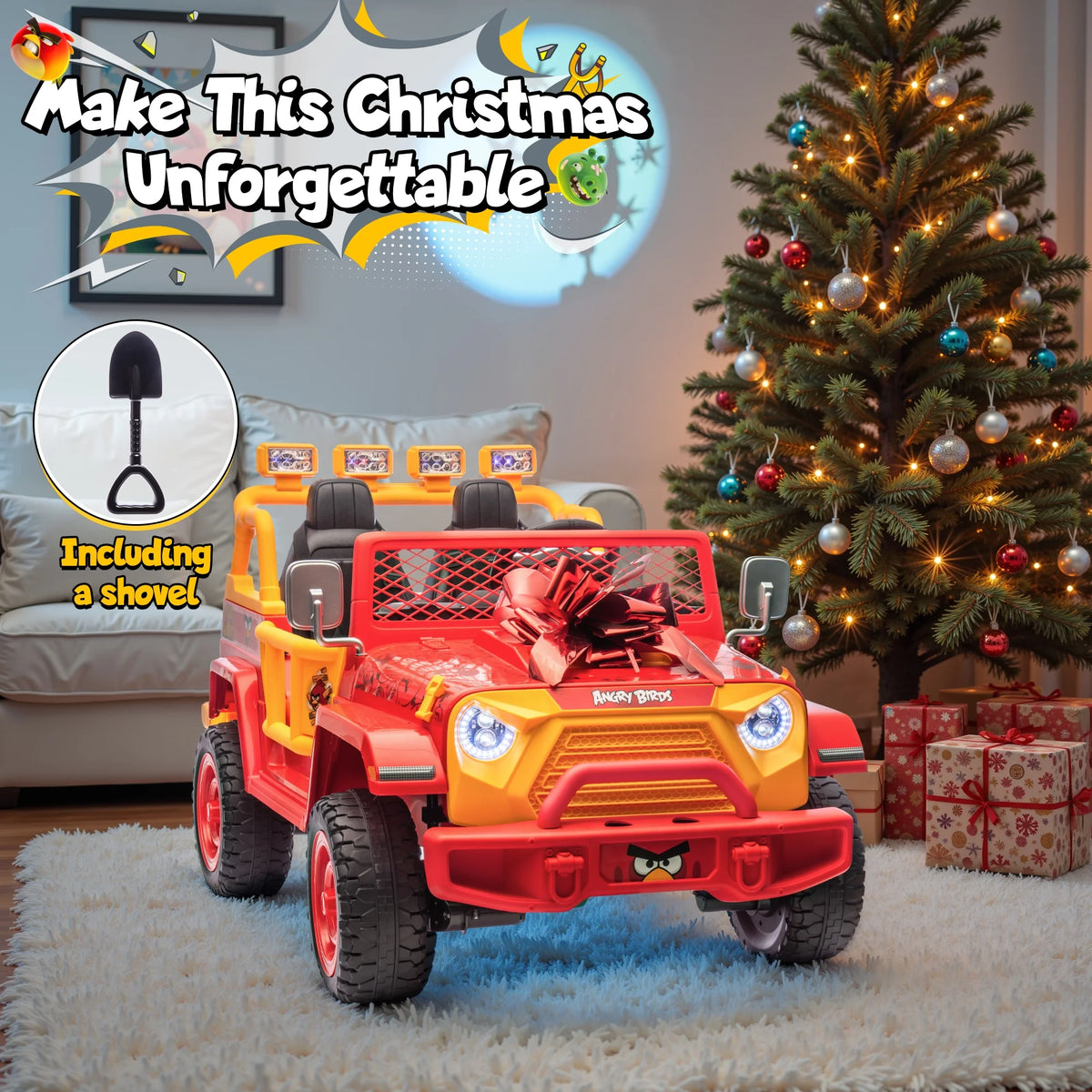 Jouets électriques Joyracer 24 volts pour grands enfants, camion sous licence Angry Birds avec télécommande, véhicule électrique 4x4 à 2 places avec pelle, Bluetooth, lumières, roues de voiture électrique, pour enfants de 3 à 8 ans, jusqu’à 59 kg, vert