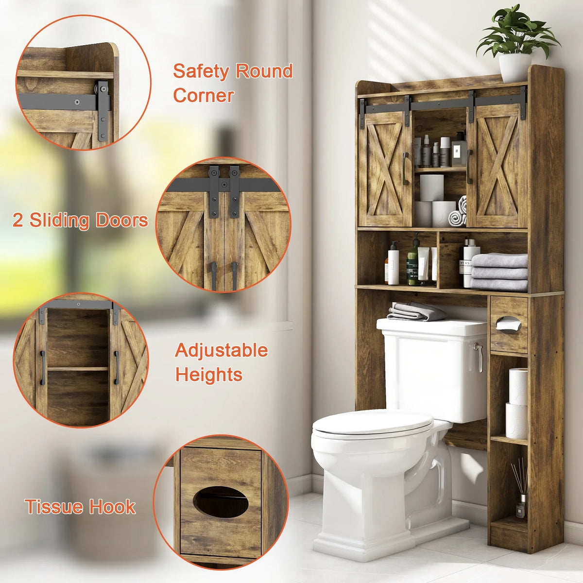 Meuble de rangement au-dessus des toilettes, meuble de rangement de style maisonnette au-dessus des toilettes avec portes coulissantesÉtagère de rangement gain de place pour toilettes, pour salle de bains, toilettes, buanderie