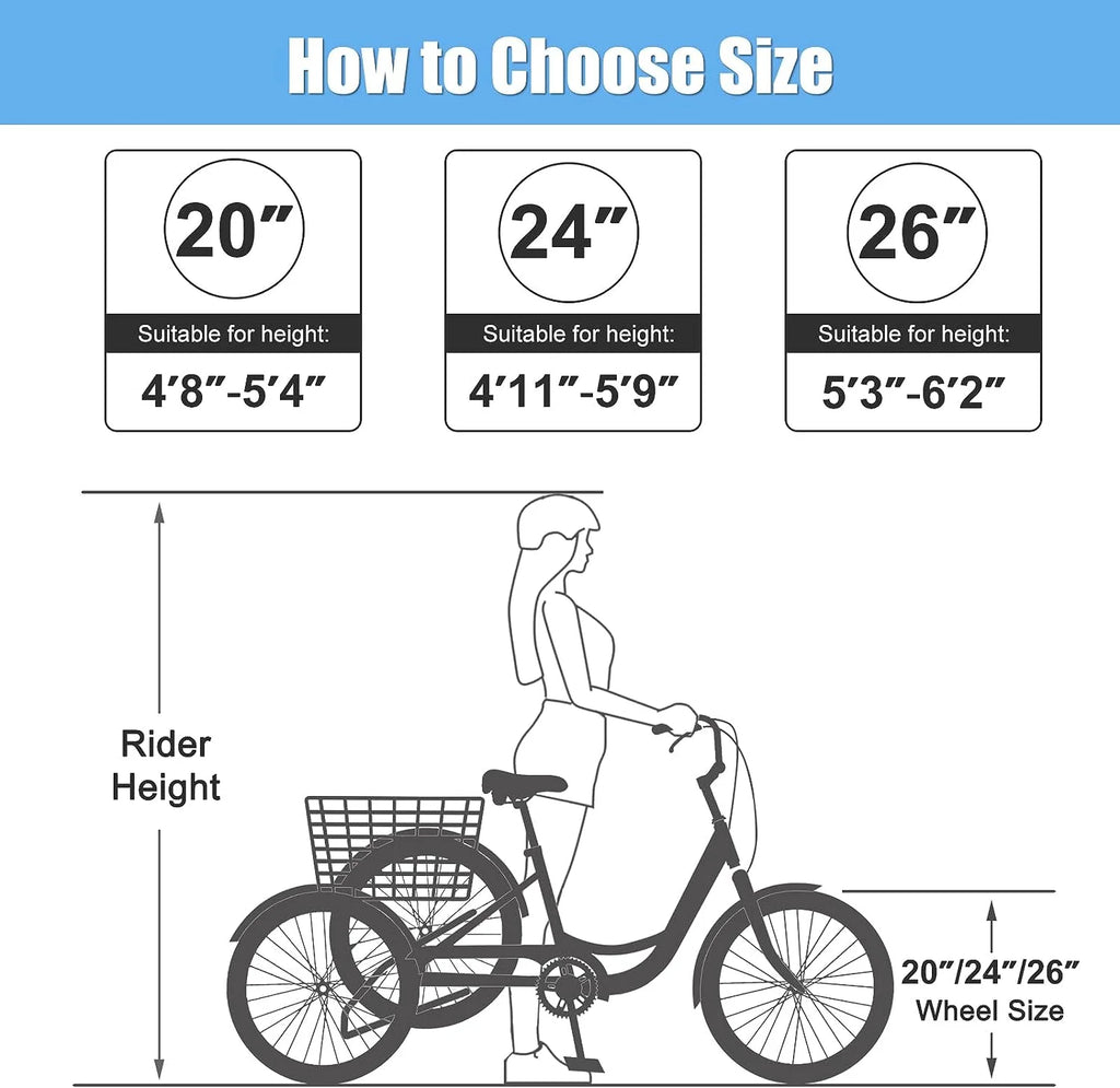 Tricycles pour adultes MOONCOOL avec panier arrière et pompe à pied, vélos à 3 roues 7 vitesses de 24 et 26 pouces, vélo à trois roues pour adultes avec dossier pour seniors, femmes et hommes
