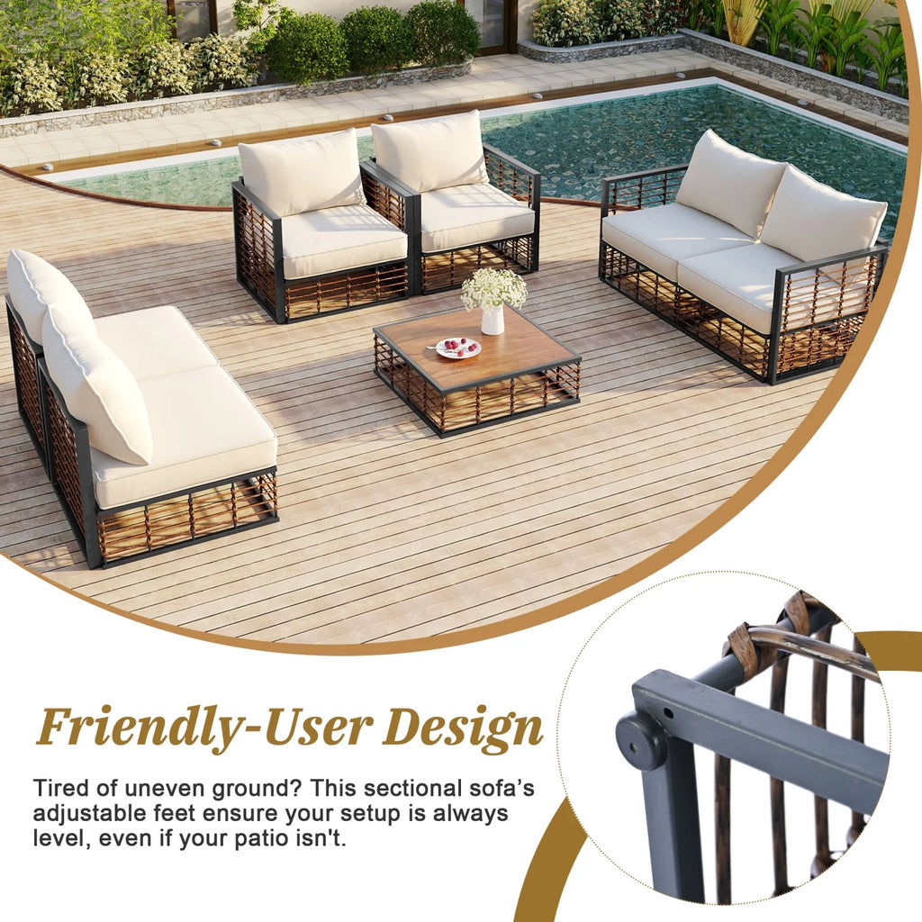 Ensemble de salon de jardin modulable en métal 7 pièces, canapé en rotin moderne et minimaliste avec coussins épais et table basse, salon d’extérieur toutes saisons pour jardin, bord de piscine et cour arrière, gris