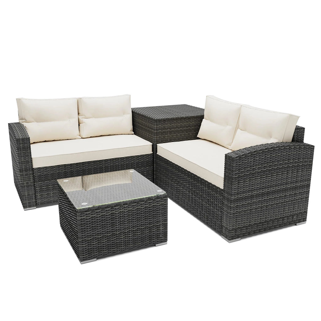 Ensemble de canapés de jardin en rotin, 4 pièces, salon d’angle d’extérieur en résine tressée PE résistante aux intempéries, ensemble de conversation avec coussins et table en verre pour terrasse, jardin, bord de piscine ou deck
