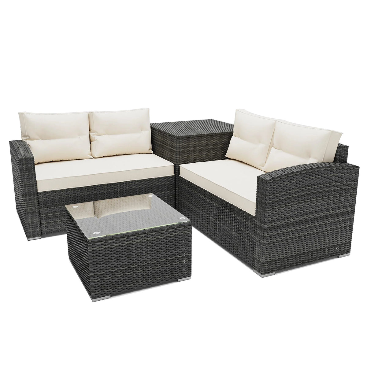 Ensemble de canapés de jardin en rotin, 4 pièces, salon d’angle d’extérieur en résine tressée PE résistante aux intempéries, ensemble de conversation avec coussins et table en verre pour terrasse, jardin, bord de piscine ou deck