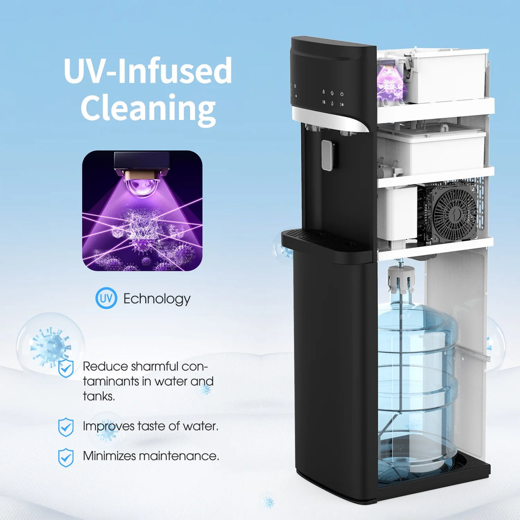 SOOPYK Distributeur d’eau chaude et froide 3-en-1 avec machine à glaçons à chargement inférieur pour bonbonne de 3 ou 5 gallons, capacité quotidienne de 22 lb, glaçons en forme de balle, noir
