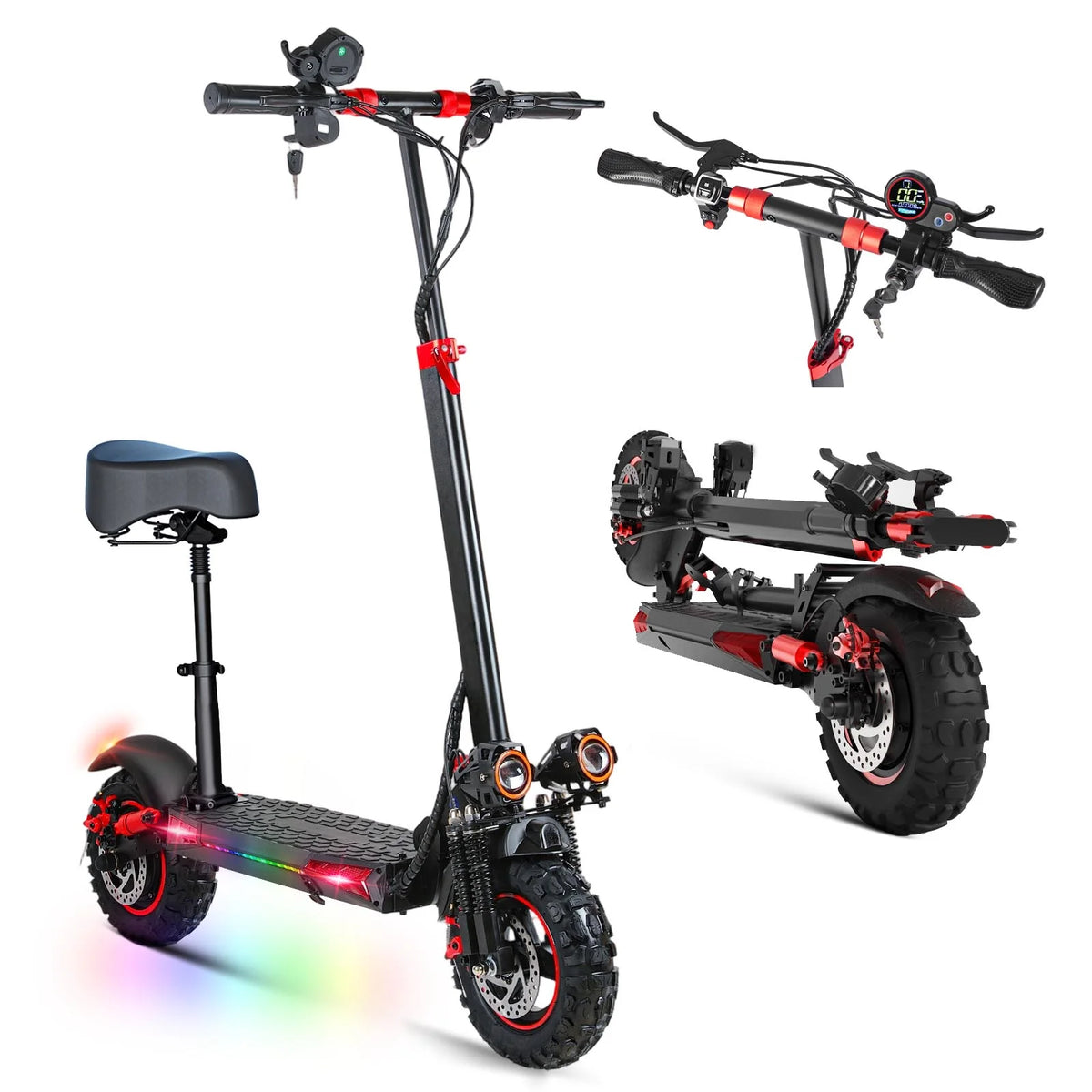 MIWEN Trottinette électrique tout-terrain 11'' pour adulte avec siège, moteur 1200W, vitesse jusqu'à 34MPH, autonomie 30-34Miles, trottinette électrique rapide 48V 21Ah pliable