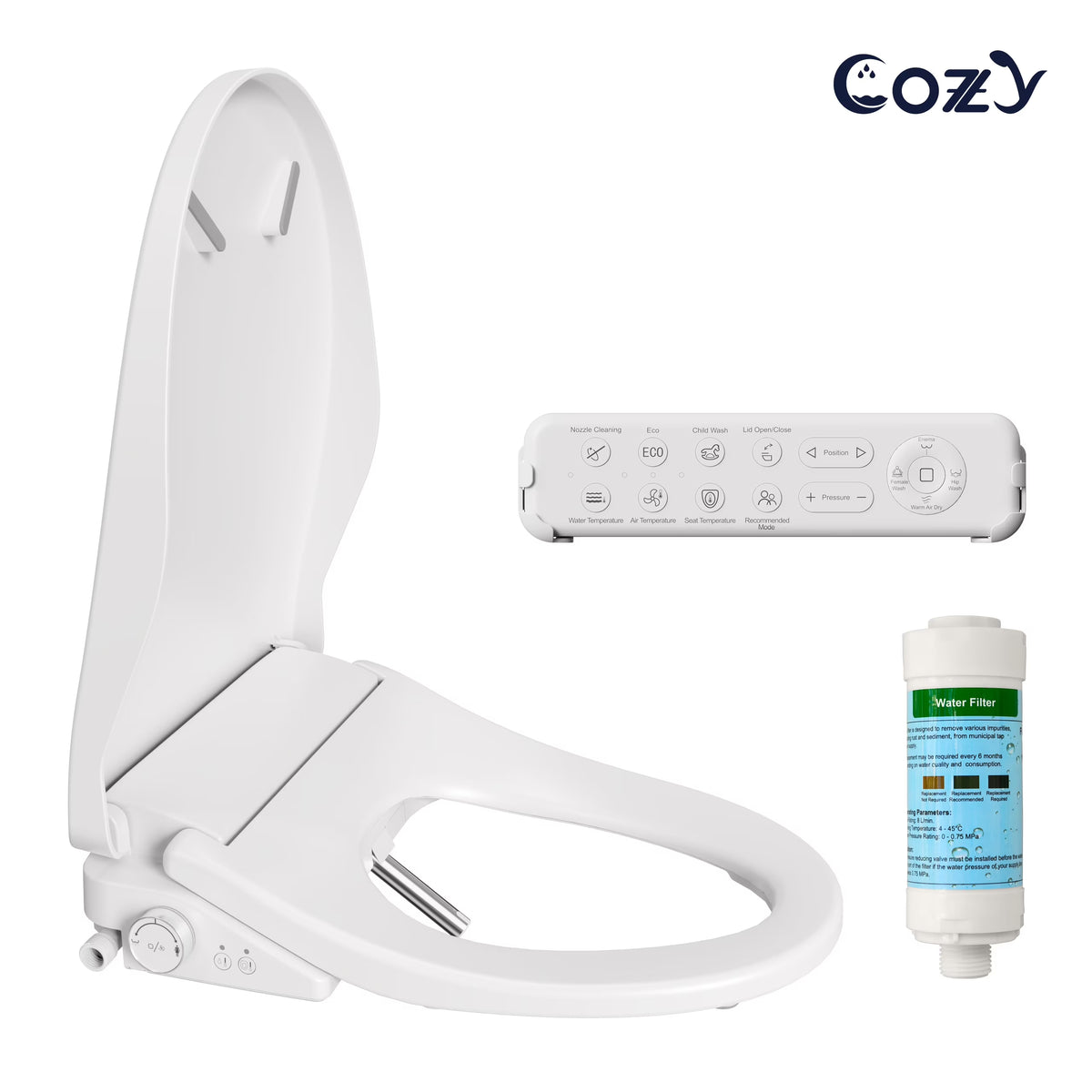 COZY Abattant de Toilette Bidet Électrique, 15,4 x 19,9 pouces, Abattants de Toilette Bidet Réglables