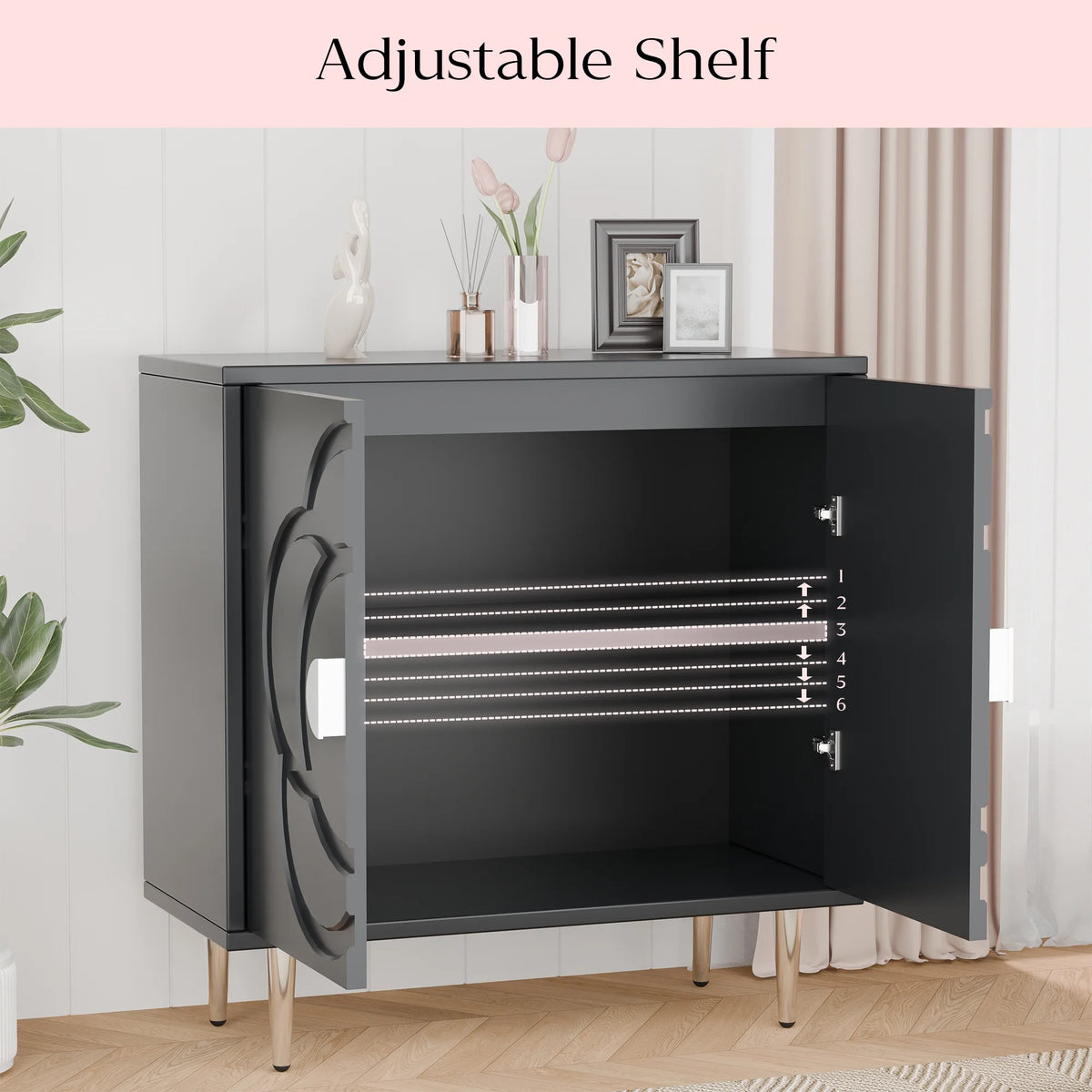 Buffet moderne Tolead avec panneau à motif floral, 6 étagères, blanc