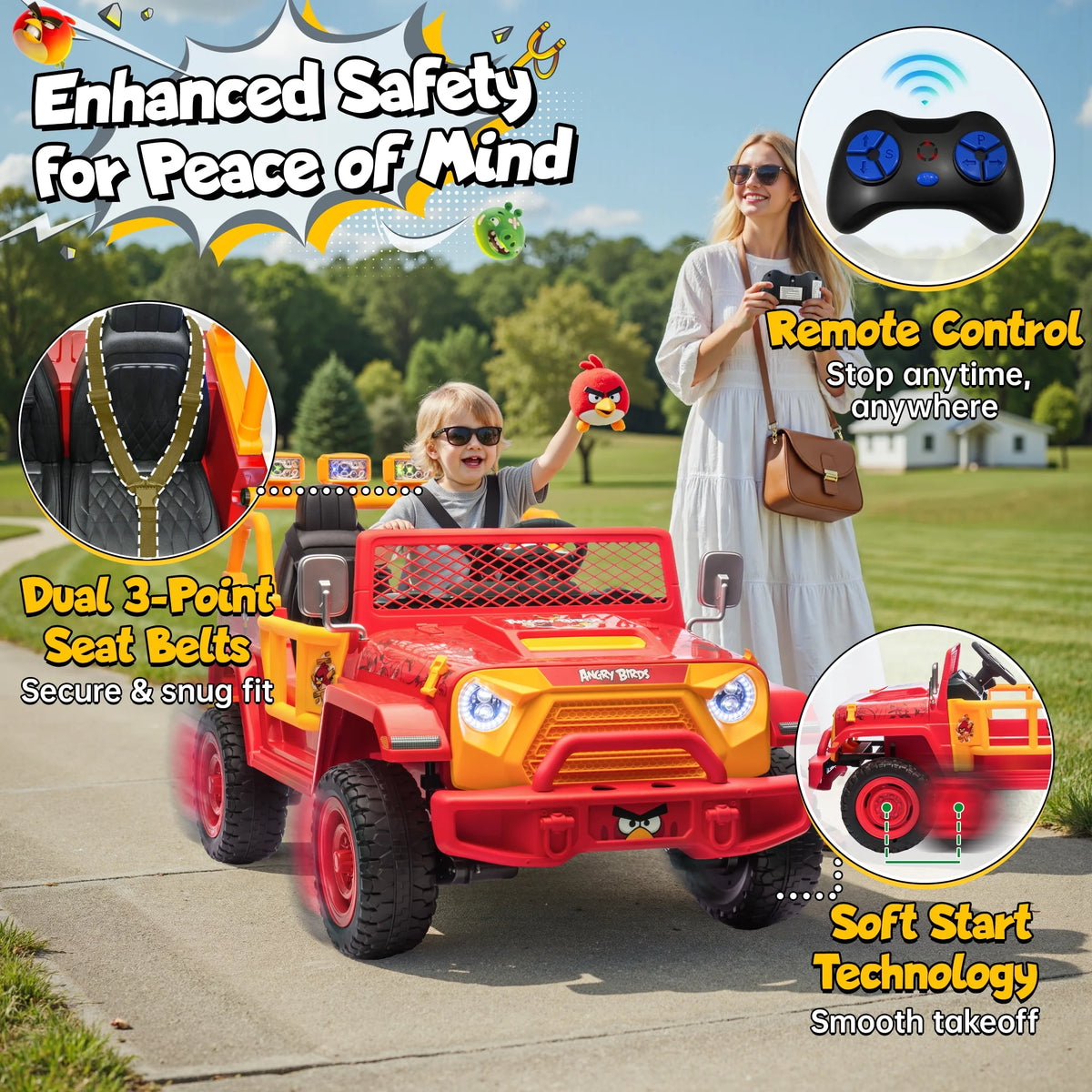 Jouets électriques Joyracer 24 volts pour grands enfants, camion sous licence Angry Birds avec télécommande, véhicule électrique 4x4 à 2 places avec pelle, Bluetooth, lumières, roues de voiture électrique, pour enfants de 3 à 8 ans, jusqu’à 59 kg, vert