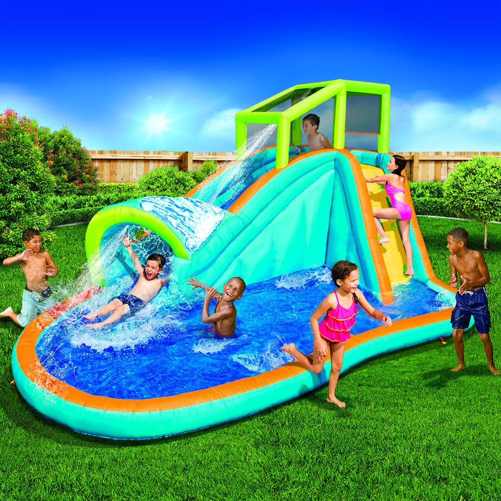 Toboggan aquatique gonflable Banzai - Grande piscine pour enfants (4,27 m de long par 2,44 m de haut) avec jet d'eau et mur d'eau intégrés - Jeu d'extérieur estival ultra résistant