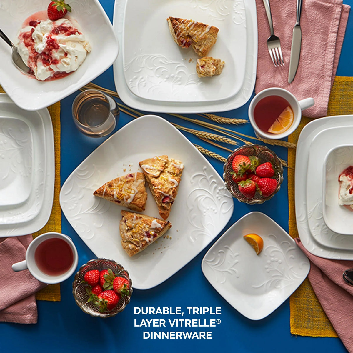 Service de vaisselle Corelle Cherish en verre carré gaufré, 16 pièces (pour 4 personnes)