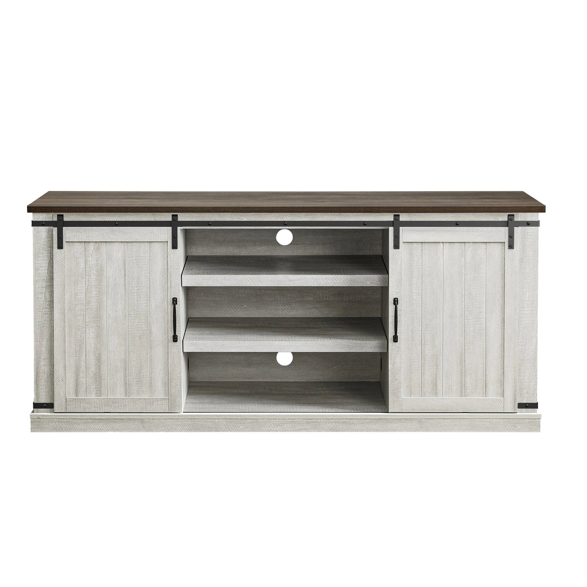 Meuble TV rustique FESTIVO pour téléviseur 75 pouces, centre de divertissement, meuble TV avec porte de grange coulissante, console TV de 68 pouces, meuble multimédia de salon avec étagère réglable - Blanc cassé
