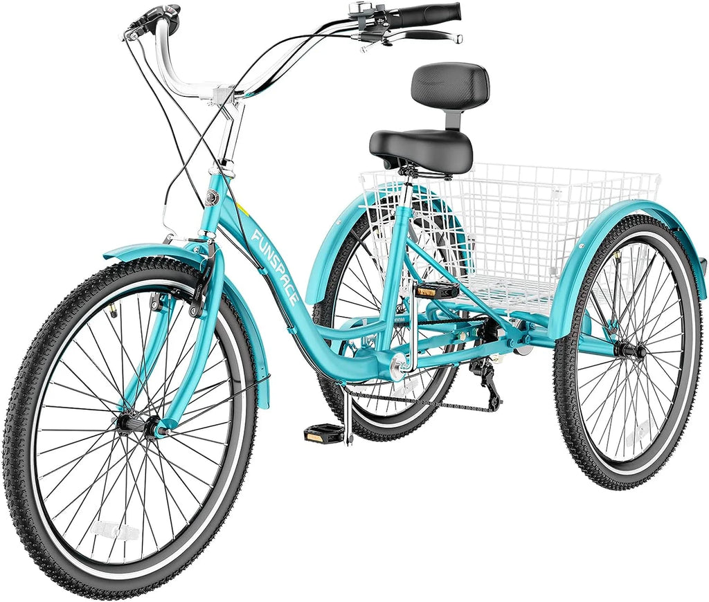 Tricycles pour adultes MOONCOOL avec panier arrière et pompe à pied, vélos à 3 roues 7 vitesses de 24 et 26 pouces, vélo à trois roues pour adultes avec dossier pour seniors, femmes et hommes