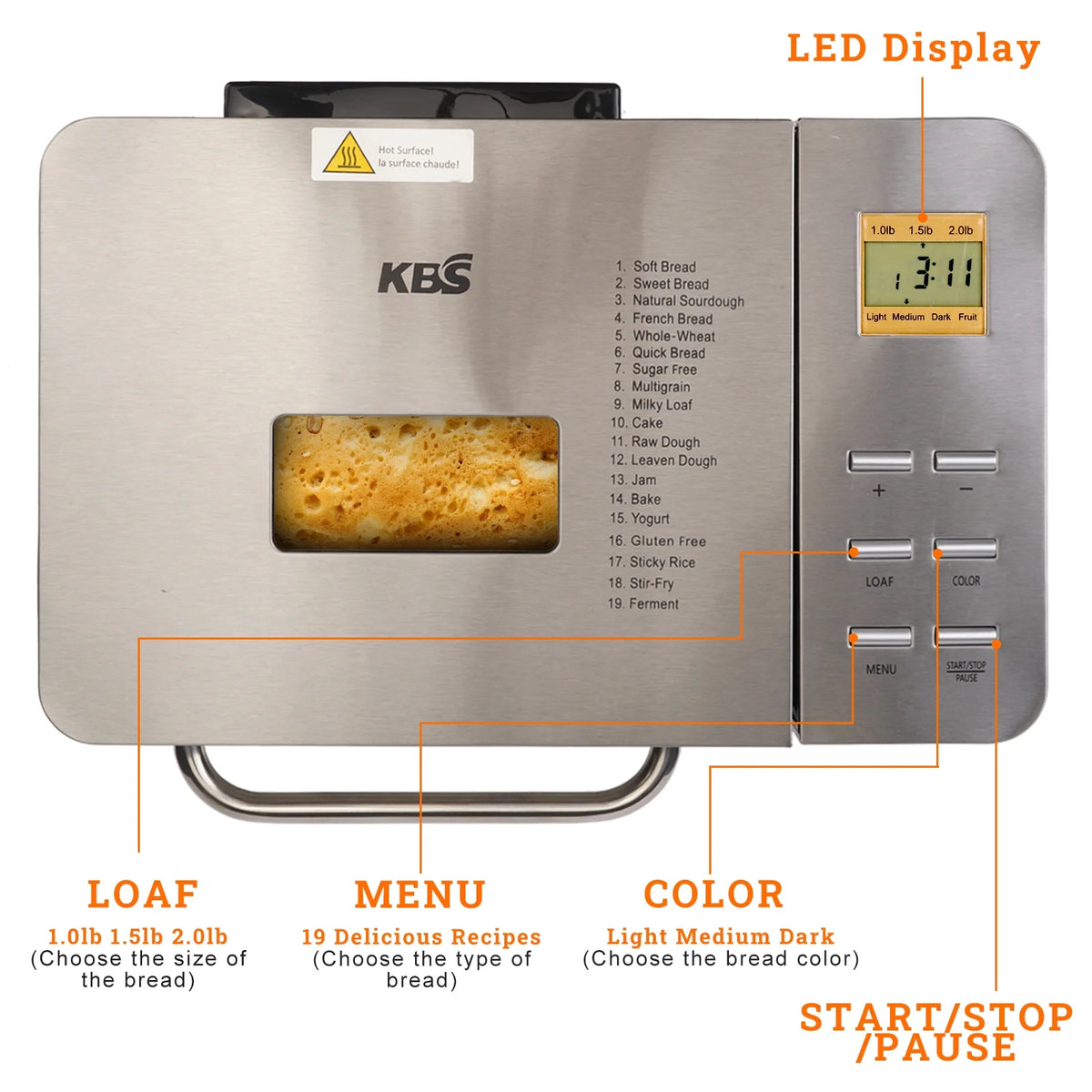 Machine à pain KBS 19-en-1 2 lb entièrement automatique, écran LCD, acier inoxydable, modèle n° 013