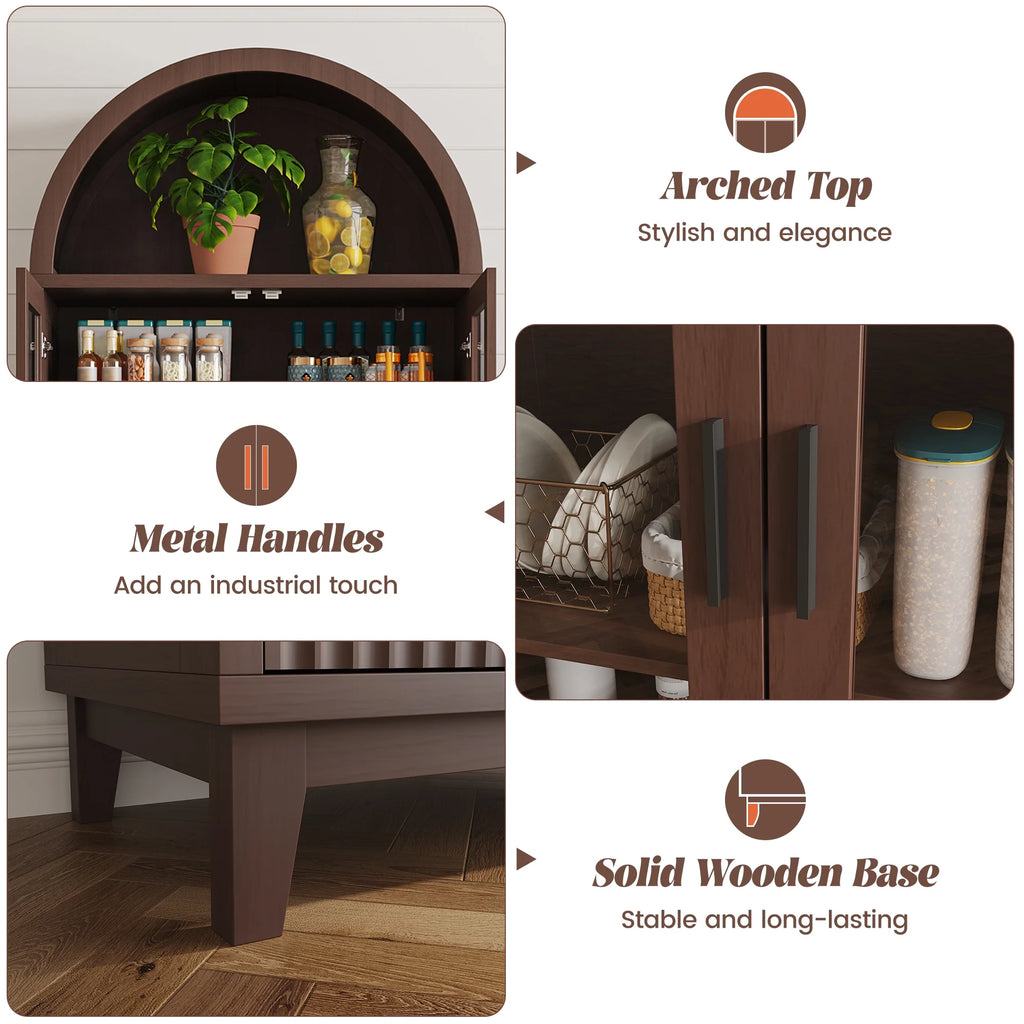 VEANERWOOD 71 Armoire haute cintrée, meuble de rangement de cuisine en bois cannelé avec 4 portes et 6 étagères pour salle à manger et salon