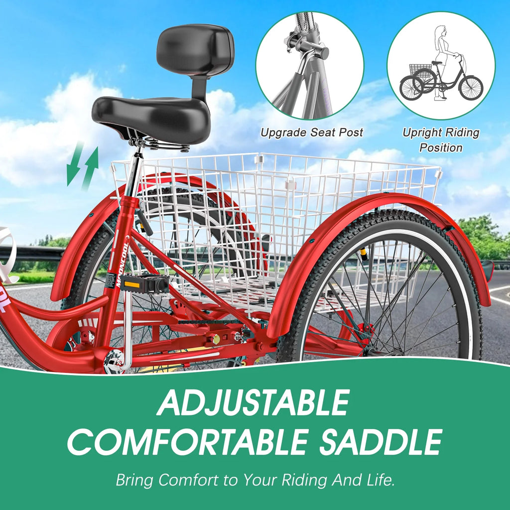 Tricycles pour adultes MOONCOOL avec panier arrière et pompe à pied, vélos à 3 roues 7 vitesses de 24 et 26 pouces, vélo à trois roues pour adultes avec dossier pour seniors, femmes et hommes