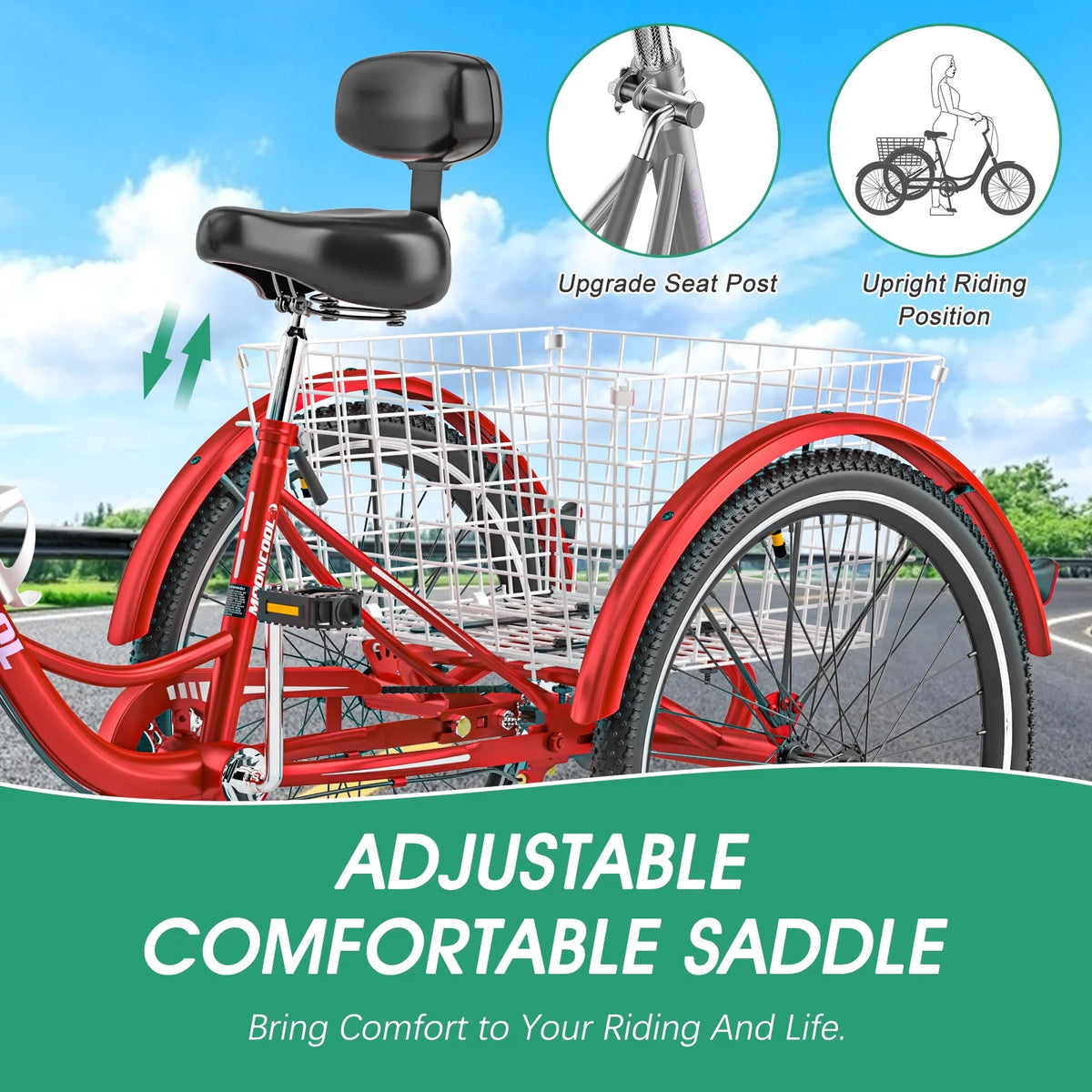 Tricycles pour adultes MOONCOOL avec panier arrière et pompe à pied, vélos à 3 roues 7 vitesses de 24 et 26 pouces, vélo à trois roues pour adultes avec dossier pour seniors, femmes et hommes