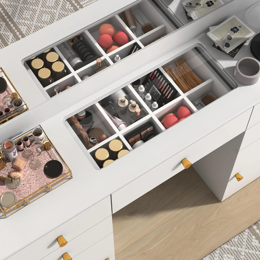 Coiffeuse blanche avec grand miroir lumineux et prise électrique, table de maquillage avec plateau en verre et tiroirs, rangement coulissant, grande coiffeuse de maquillage de 44,1 pour femmes et filles, blanche
