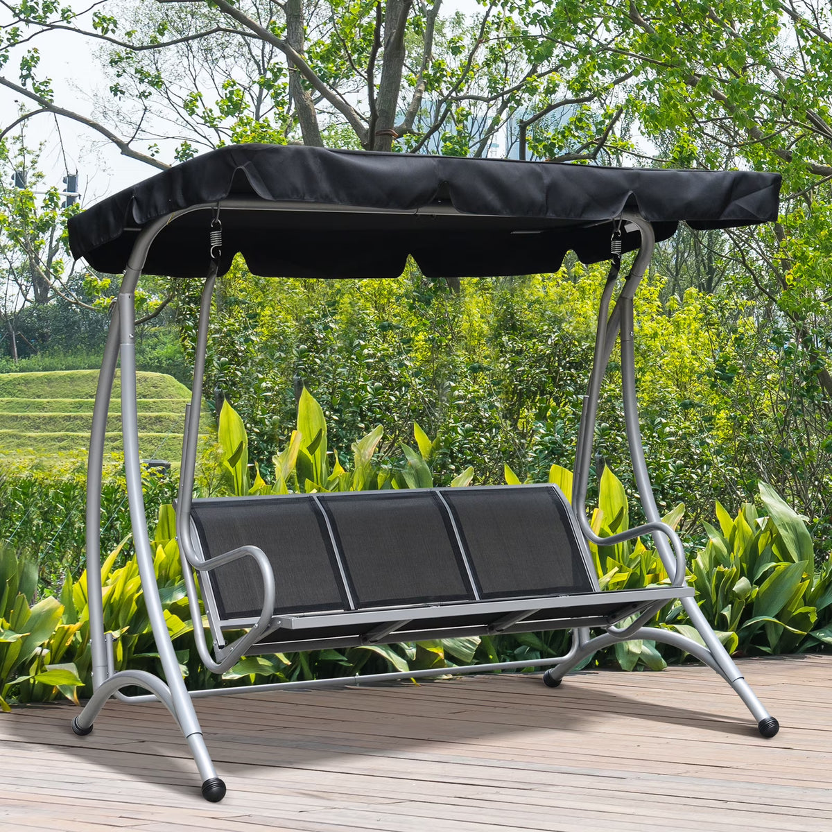 Balancelle de jardin Outsunny pour 3 personnes, balancelle de terrasse avec support et auvent réglable, banc-balancelle d'extérieur robuste pour adultes, noir