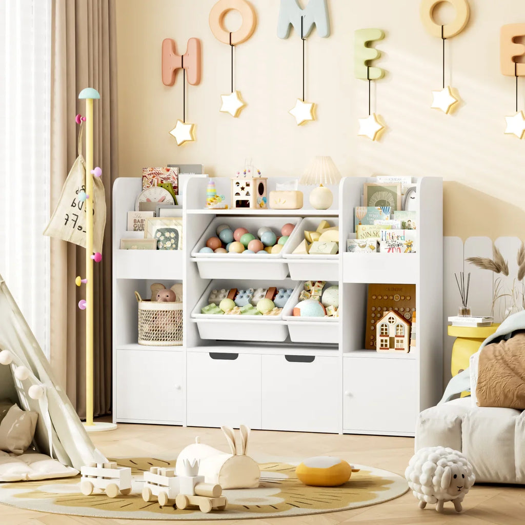 Hiphuta Bibliothèque et Meuble de Rangement pour Jouets pour Enfants, Organisateur en Bois avec 4 Paniers et 2 Tiroirs Amovibles pour la Maison et la Chambre, Étagère à Livres pour Enfants avec Bac à Jouets et Support à Livres, Blanc
