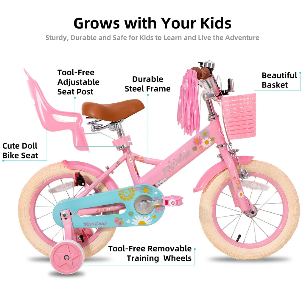 JOYSTAR Little Daisy Vélo pour enfant 14 pouces pour filles de 3 4 5 ans Vélo de princesse pour enfants avec freins à main Roues stabilisatrices Panier Serpentins Vélo pour tout-petits Bleu
