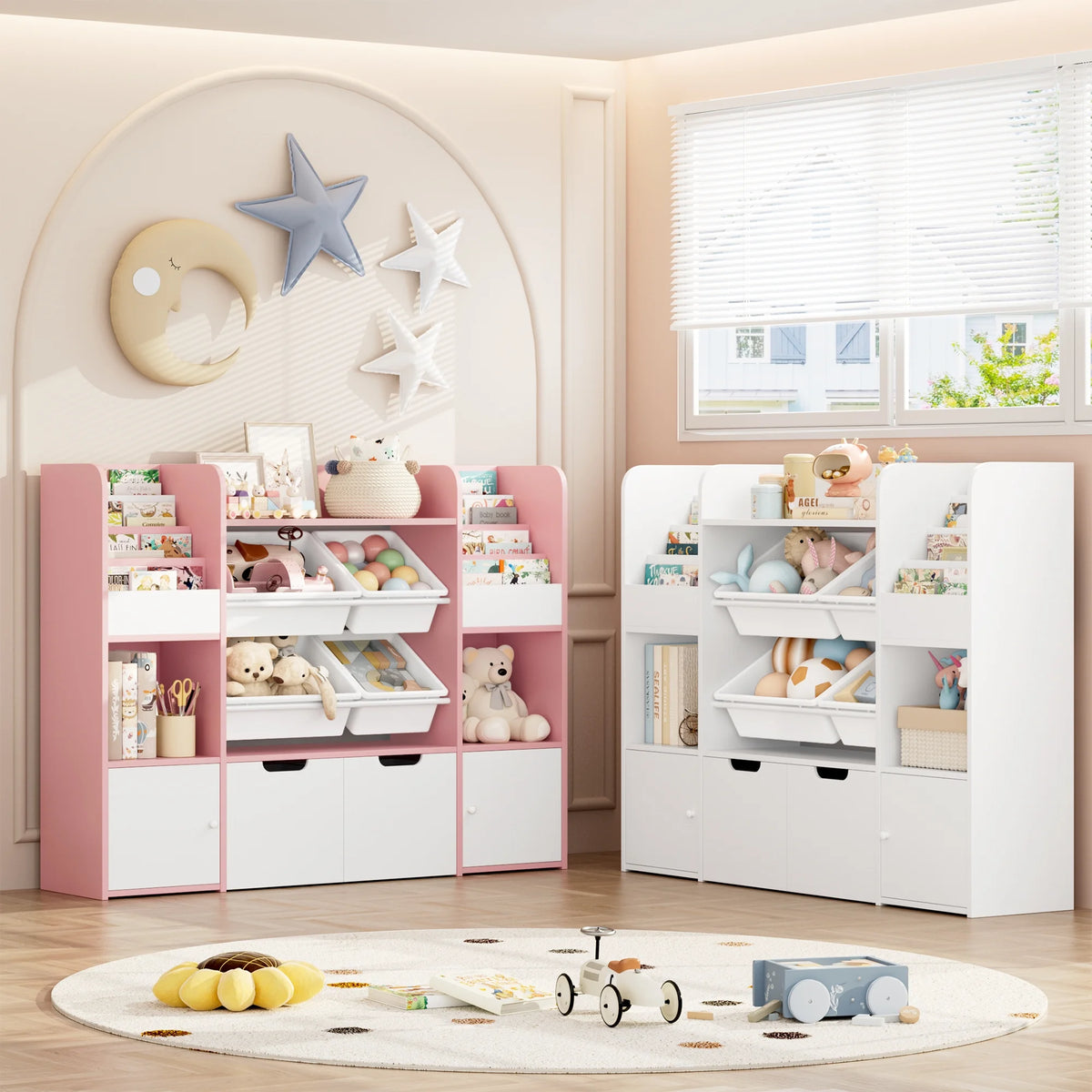 Hiphuta Bibliothèque et Meuble de Rangement pour Jouets pour Enfants, Organisateur en Bois avec 4 Paniers et 2 Tiroirs Amovibles pour la Maison et la Chambre, Étagère à Livres pour Enfants avec Bac à Jouets et Support à Livres, Blanc