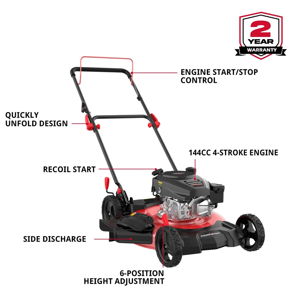 Tondeuse à gazon thermique PowerSmart, 21 pouces, 144 cc, 2-en-1, tondeuse autotractée à poussée avec éjection latérale