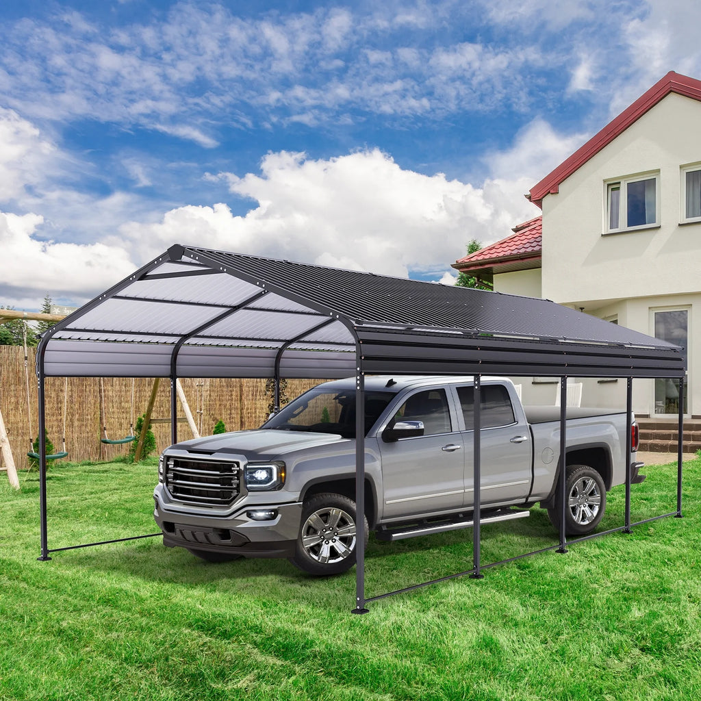 COBIZI Carport 10'x20' Grande tente pour voiture robuste avec structure en acier thermolaqué, garage portable avec parois latérales et portes amovibles, auvent pour voiture avec bâche toutes saisons pour fête en plein air, anniversaire, gris