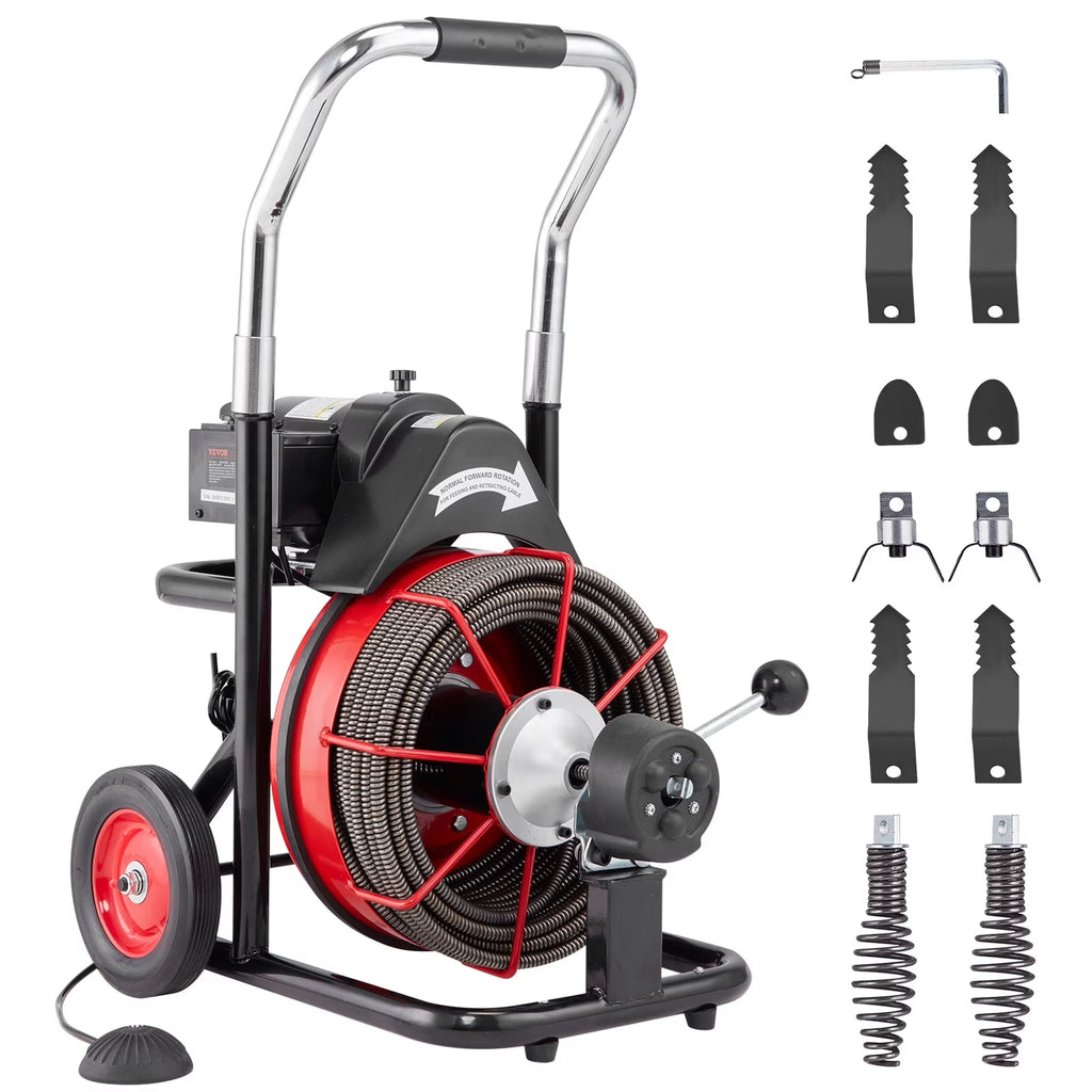 Déboucheur de canalisations VEVOR 30,5 m x 1/2 pouce, furet de canalisation automatique sur roulettes, machine portable de 550 W avec 8 coupe-racines et pédale de commande à air pour 2 à 4 canalisations