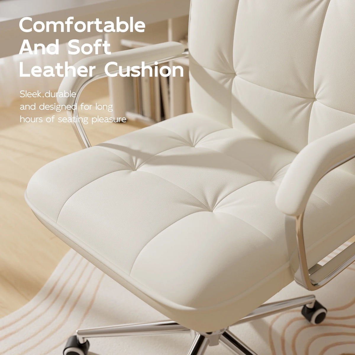 Chaise de bureau Solfway blanche, fauteuil de bureau pivotant en cuir avec roulettes et accoudoirs rembourrés, fauteuil de direction pour adultes