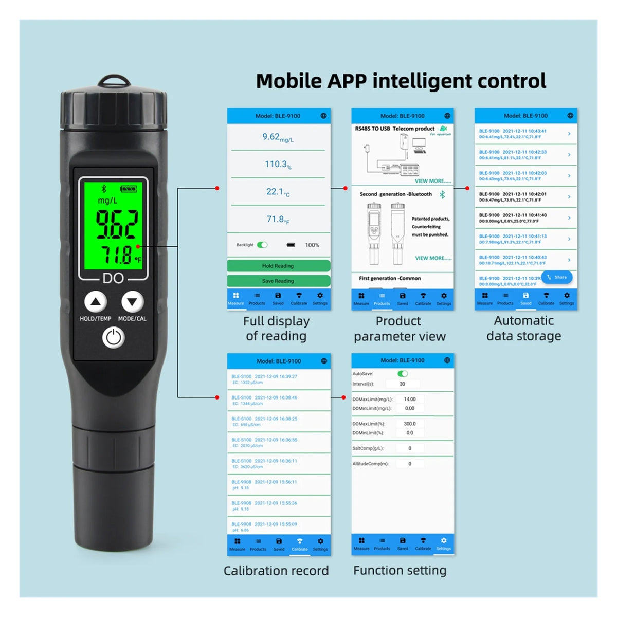 Oxymètre intelligent Bluetooth pour oxygène dissous 0,0-30,0 mg/L, détecteur numérique en ligne, testeur à électrode haute précision pour hydroponie, précis
