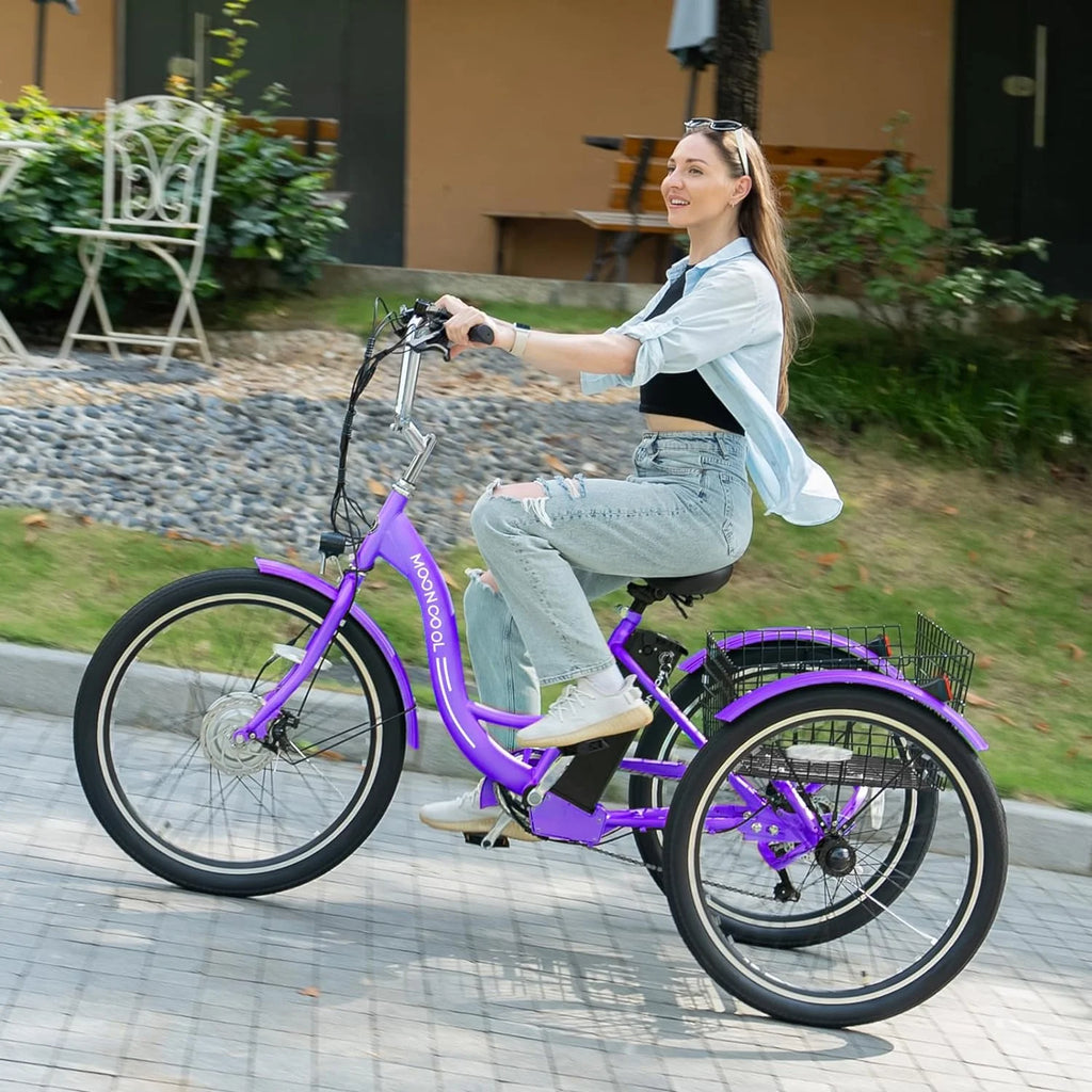 Tricycles électriques ABORON 24 26, batterie au lithium 36 V 10 Ah 350 W, triporteur électrique 7 vitesses pour adultes avec grand panier arrière et siège réglable
