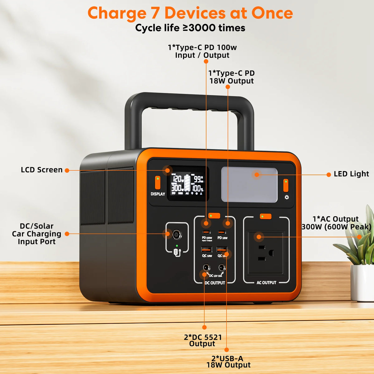 Station d'alimentation portable 300W, générateur solaire portable 288Wh 90000mAh avec lampe LED, générateur solaire d'extérieur pour camping, camping-car, alimentation de secours à domicile, alimentation d'urgence