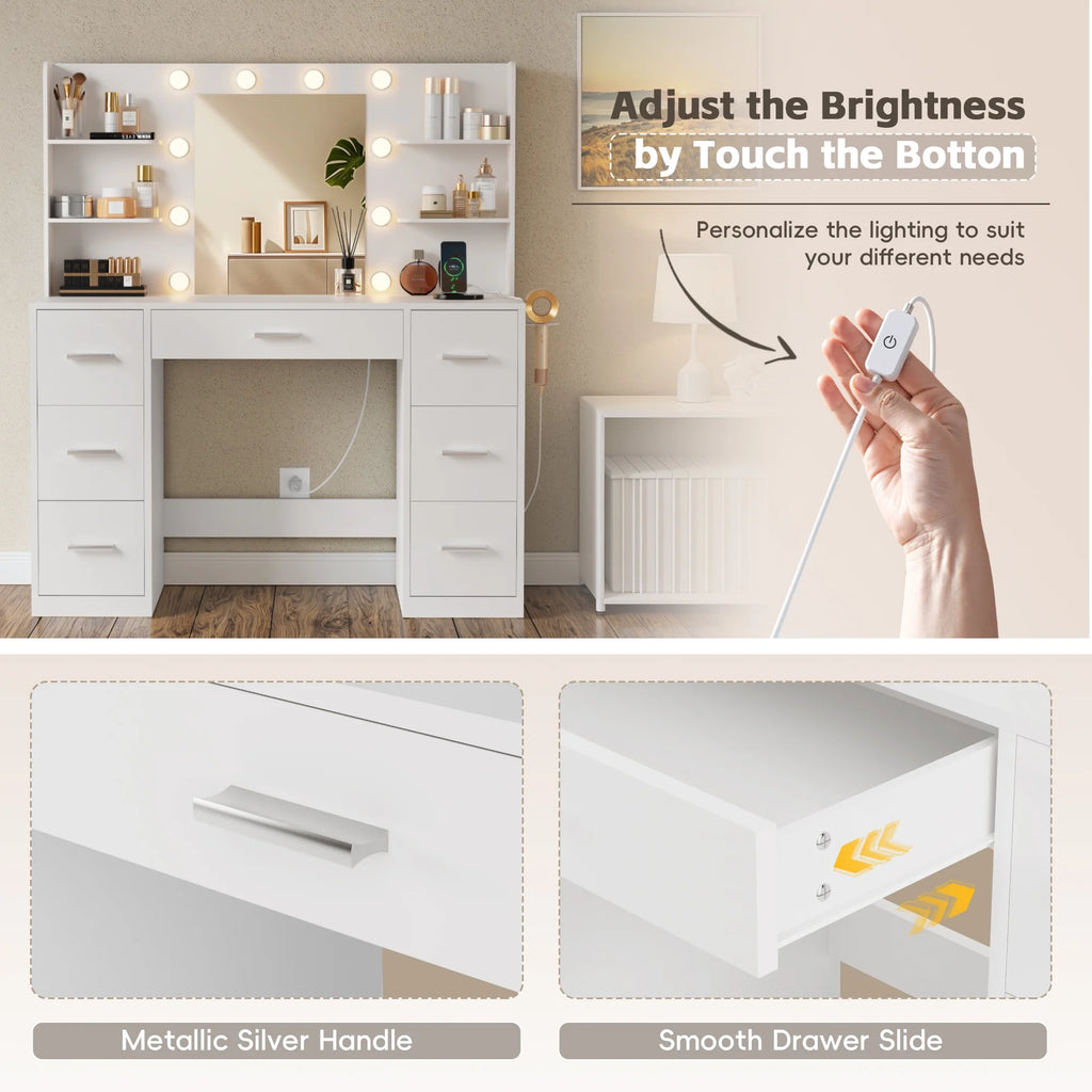 Coiffeuse Lacoo avec miroir et éclairage LED, coiffeuse de maquillage avec 7 tiroirs et 4 étagères, table de toilette avec prise électrique pour chambre ou dressing, blanc