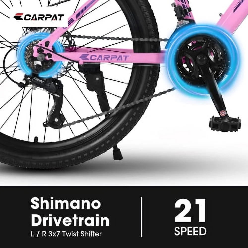POWANLI 26 Vélo tout-terrain pour femme, Vélo de montagne 21 vitesses avec freins à disque doubles et suspension avant de 100 mm, Rose (Cadeau)