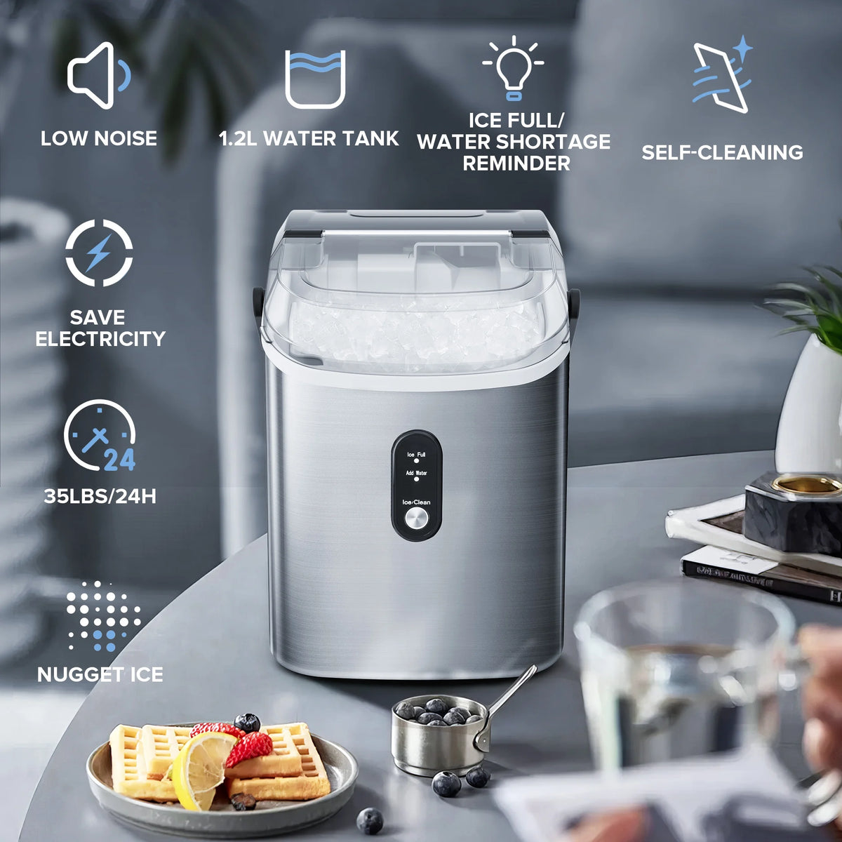 Machine à glaçons Auseo à glaçons en pépites, de comptoir, prête en 6 min, 35 lb par jour, avec nettoyage automatique, machine à glaçons à ultrasons portable pour maison/bureau/bar, noire
