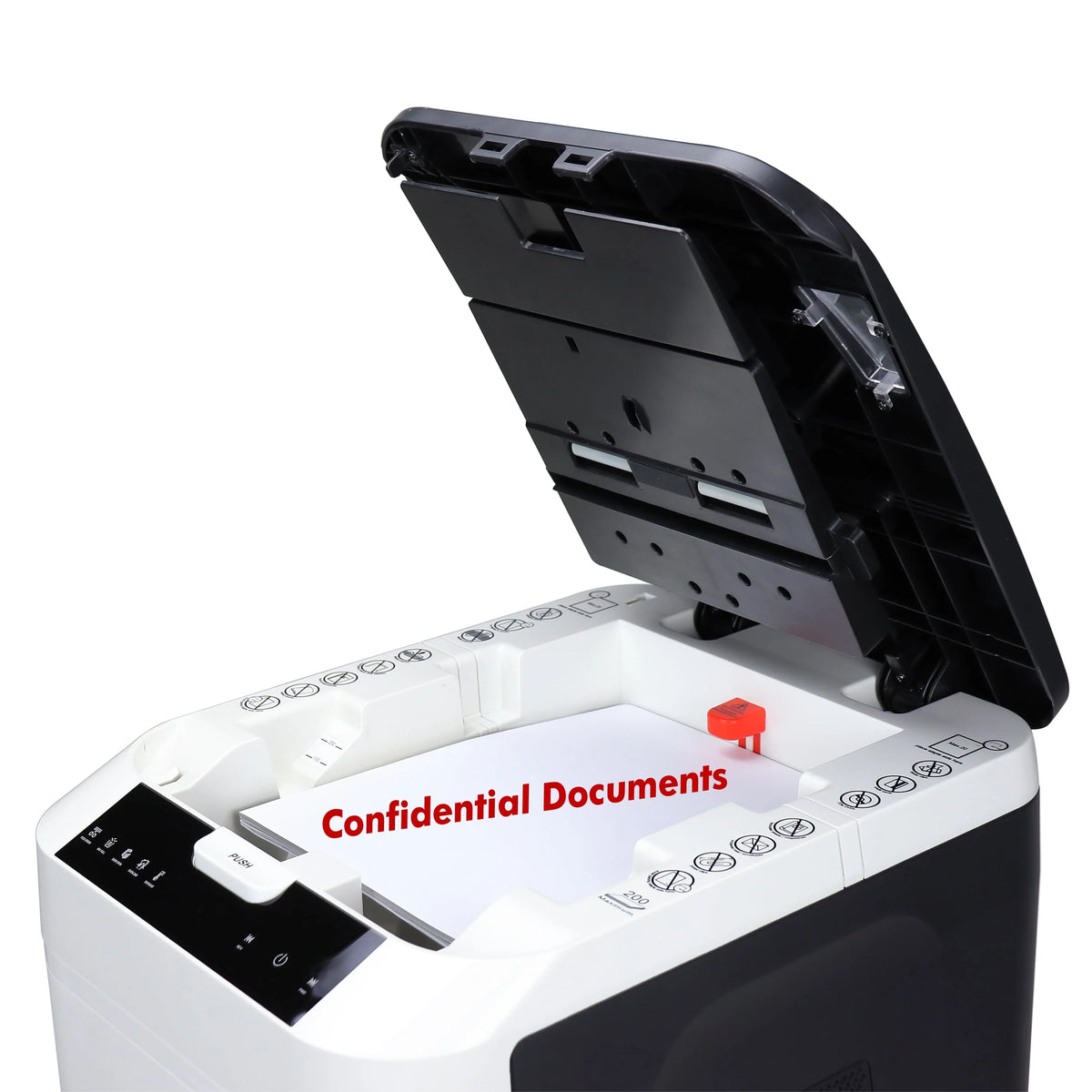 Destructeur de documents à micro-coupe Aurora GB de qualité professionnelle, à alimentation automatique, d’une capacité de 200 feuilles, avec bac de récupération coulissant