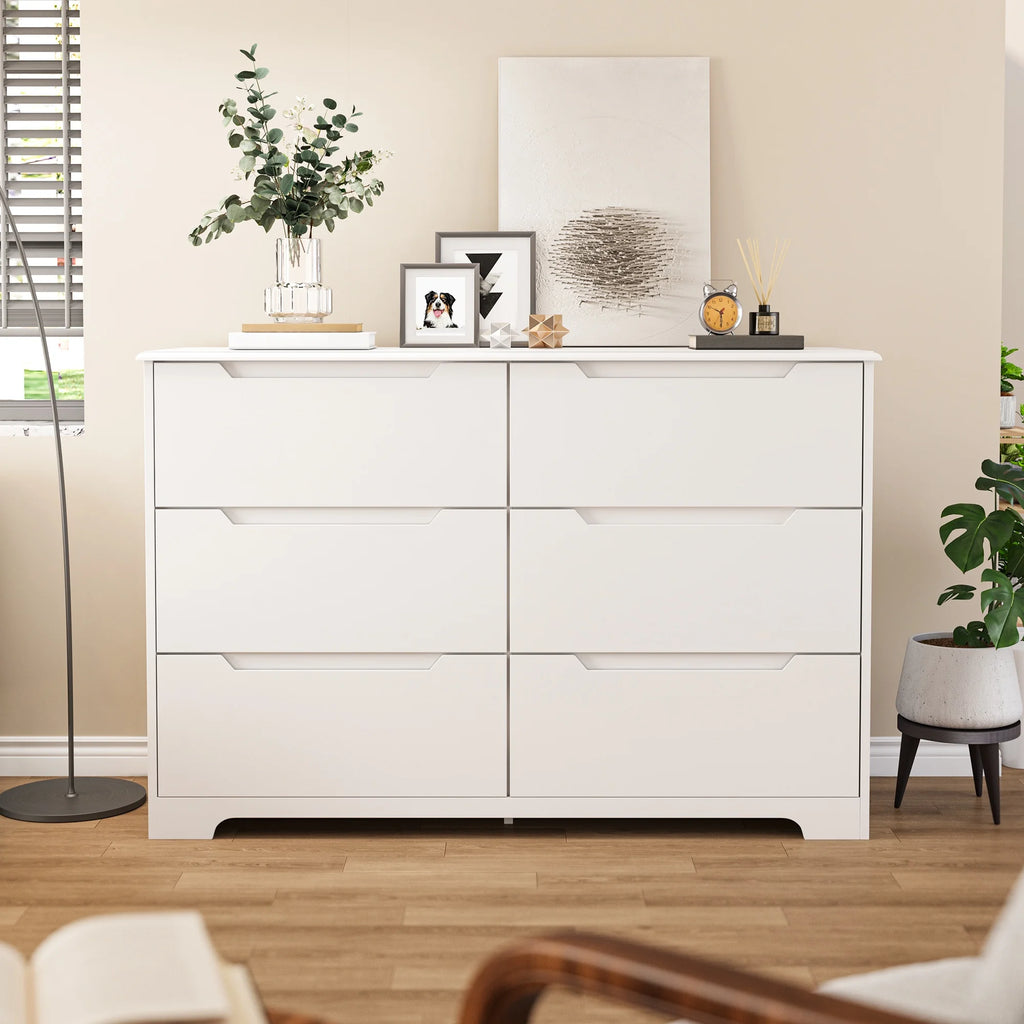 Commode pour chambre, commode double Lofka à 6 tiroirs avec poignées découpées, grande capacité de rangement, dispositif anti-basculement, commode moderne en bois, glissières métalliques fluides, blanc