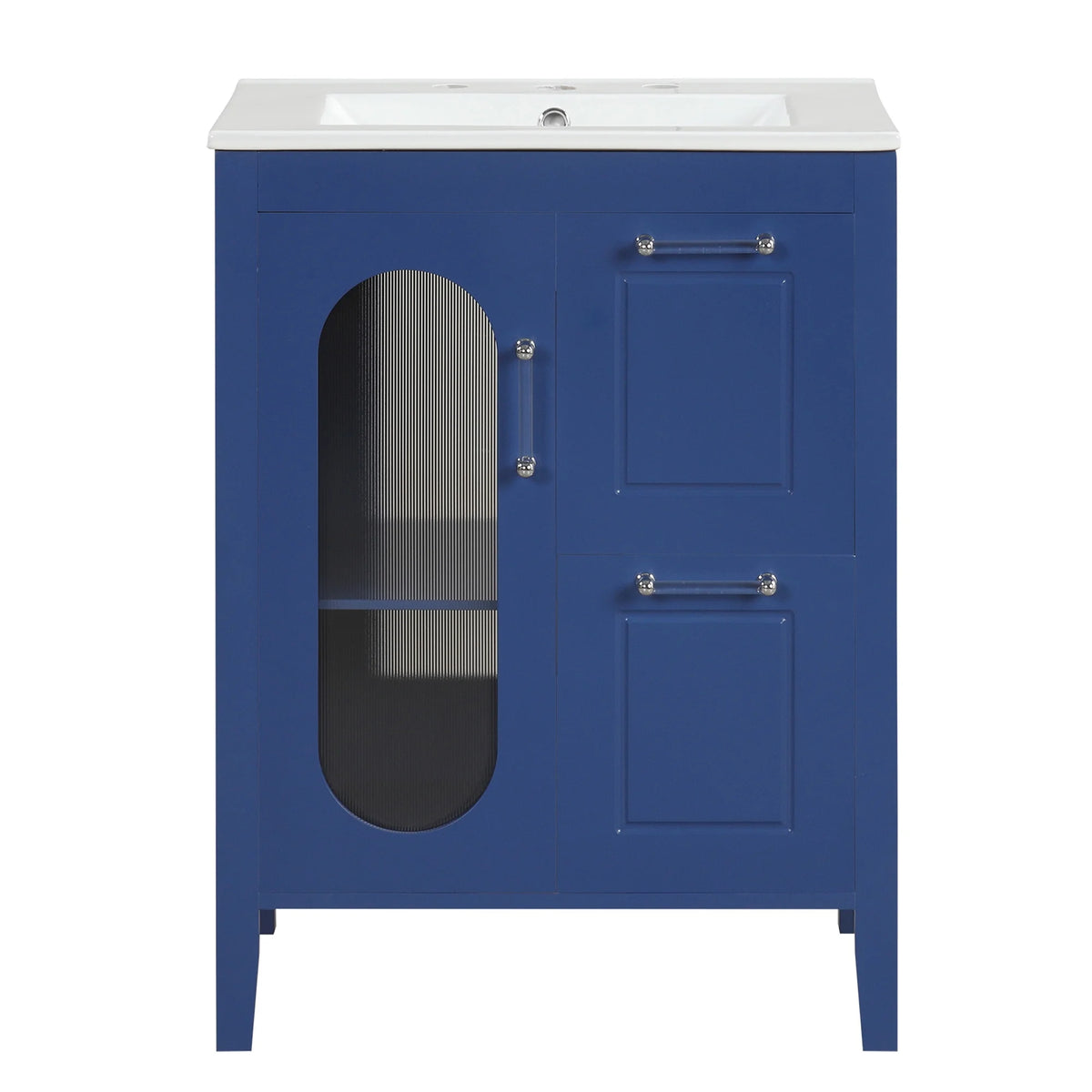 Meuble-lavabo Soges 24 avec vasque en céramique, meuble de toilette en bois massif avec porte, étagère réglable et 2 tiroirs, ensemble lavabo simple autoportant pour petite salle de bains, blanc