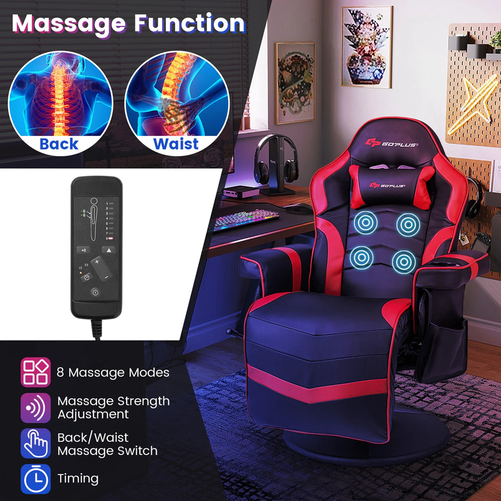 Fauteuil gaming inclinable Goplus avec massage, réglable en hauteur, pivotant, style racing, avec porte-gobelet, rouge