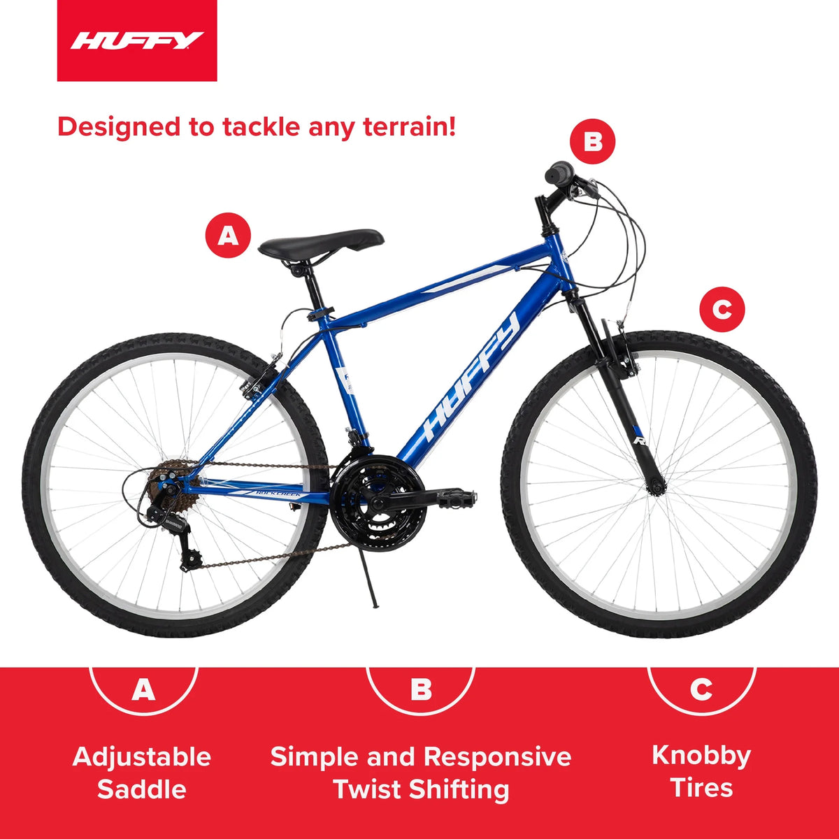 Vélo tout-terrain Huffy 26 Rock Creek, Convient aux cyclistes de 1,52 m et plus, Bleu, Adulte, Homme
