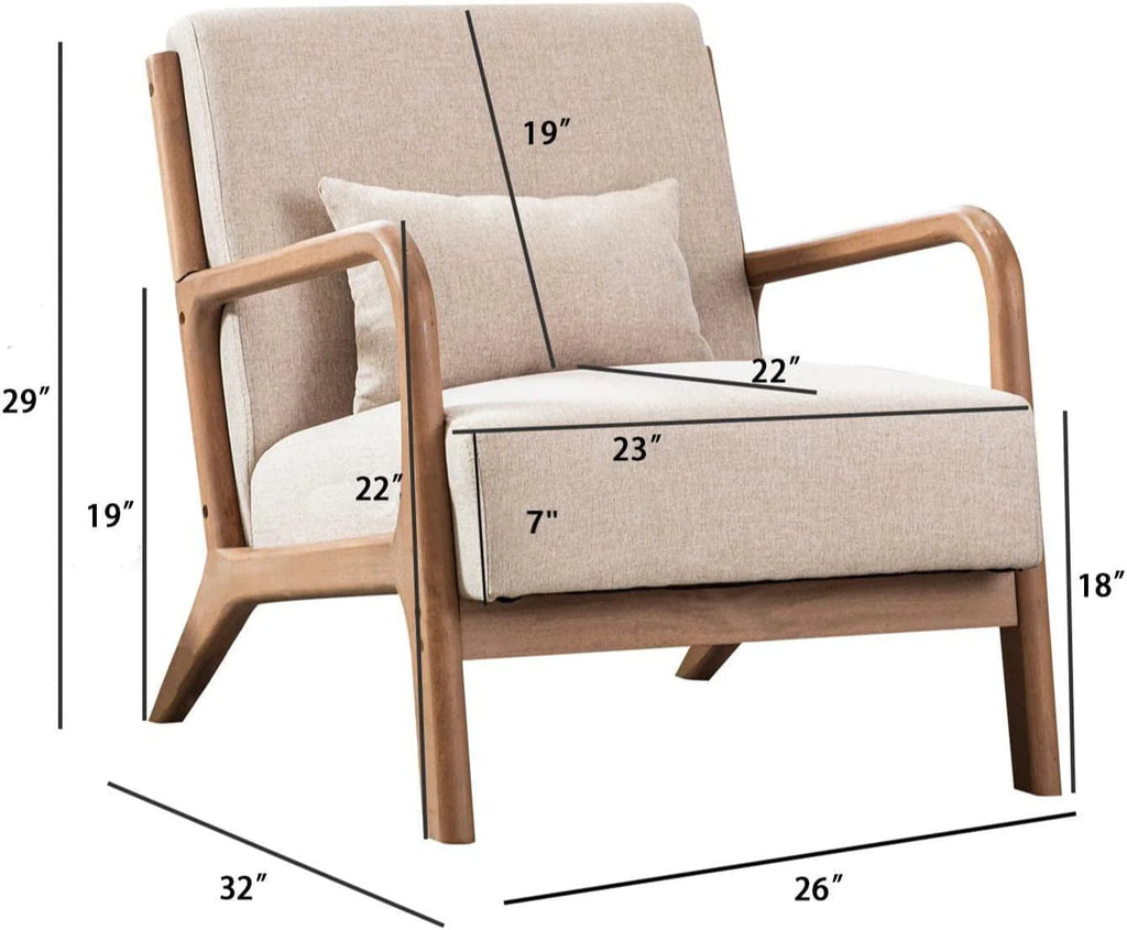 Fauteuil d'appoint Bonzy Home de style moderne du milieu du siècle, fauteuil de lecture individuel en tissu avec structure en bois massif, fauteuils à montage facile pour salon, beige