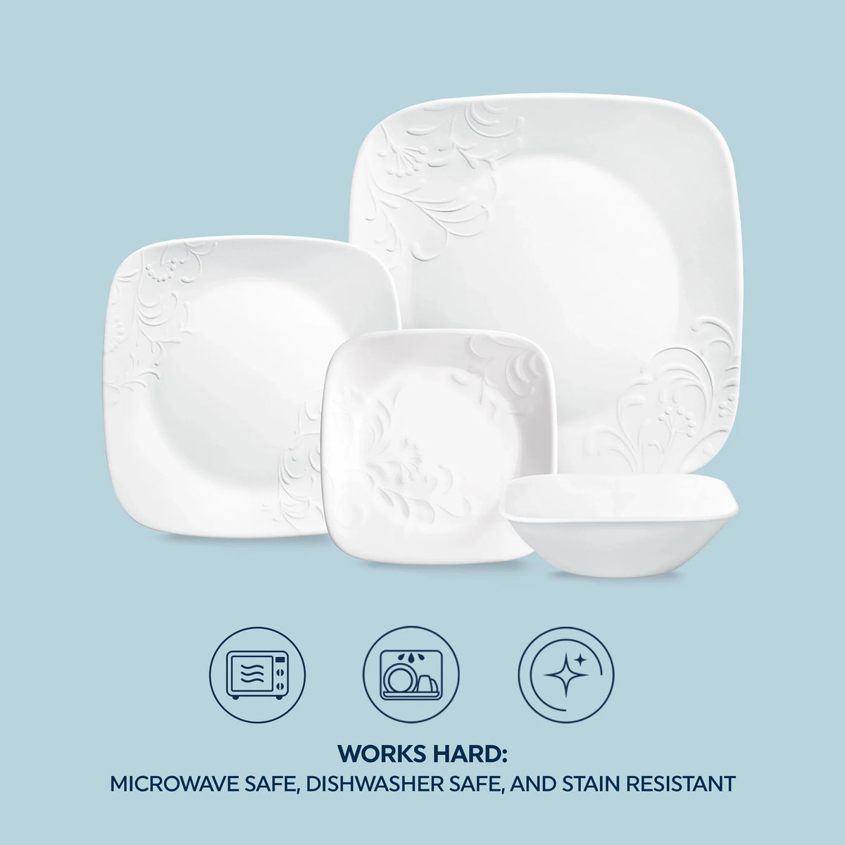 Service de vaisselle Corelle Cherish en verre carré gaufré, 16 pièces (pour 4 personnes)
