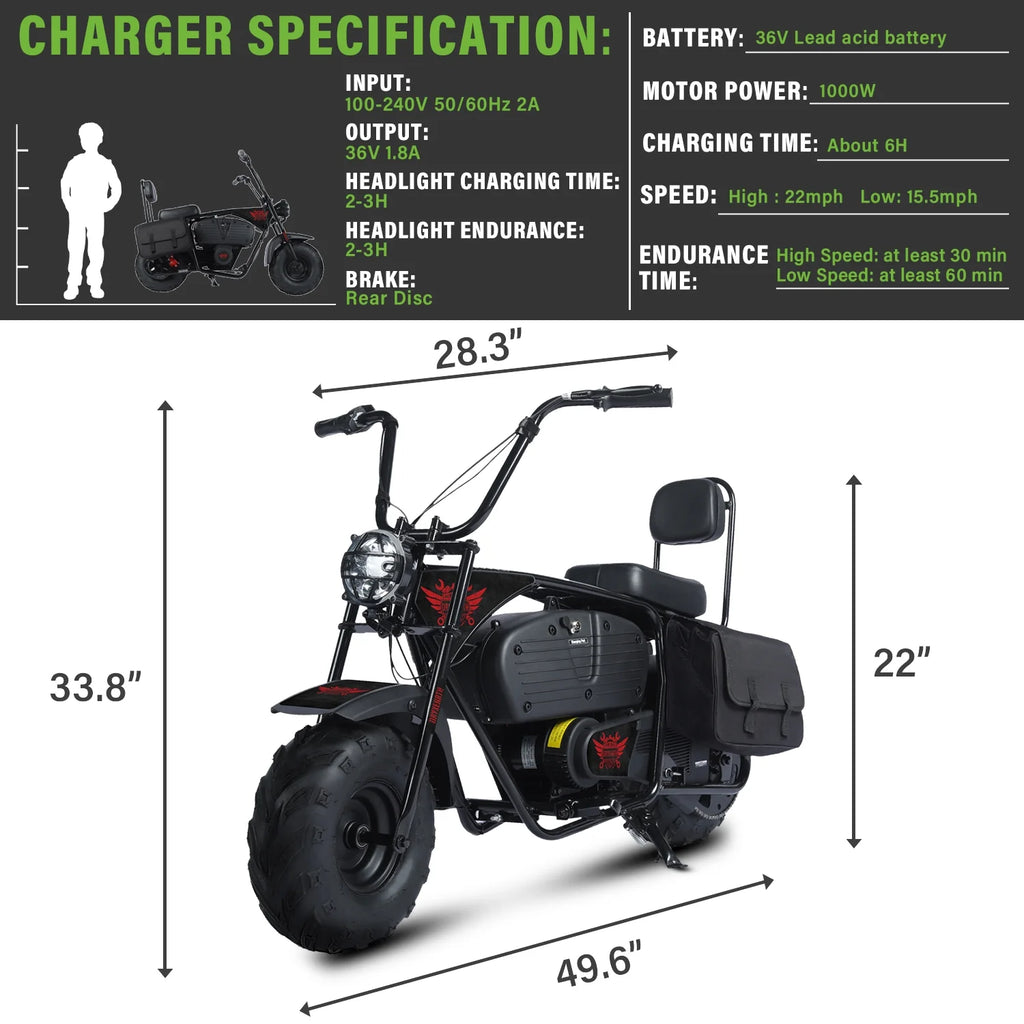 Mini-moto électrique tout-terrain Oryxearth 36 V 1 000 W pour adultes, réservoir de 0,47 gal, vitesse maximale de 21,8 mi/h, camouflage