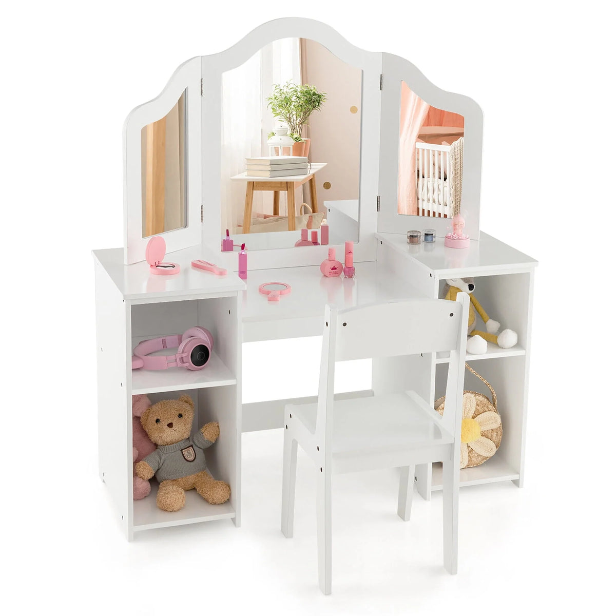 Coiffeuse pour enfant Gymax 2 en 1 Ensemble maquillage princesse avec chaise et miroir pliant sécurisé Blanc