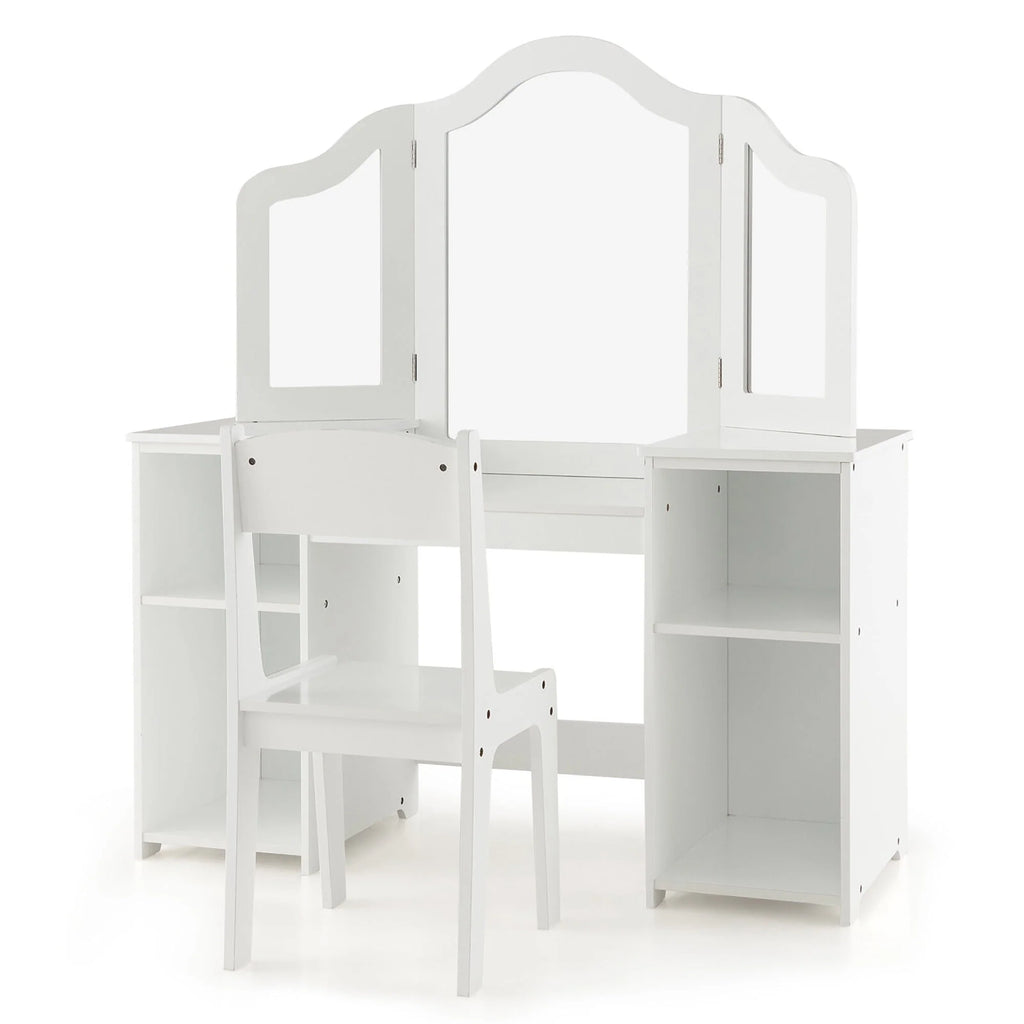 Coiffeuse pour enfant Gymax 2 en 1 Ensemble maquillage princesse avec chaise et miroir pliant sécurisé Blanc