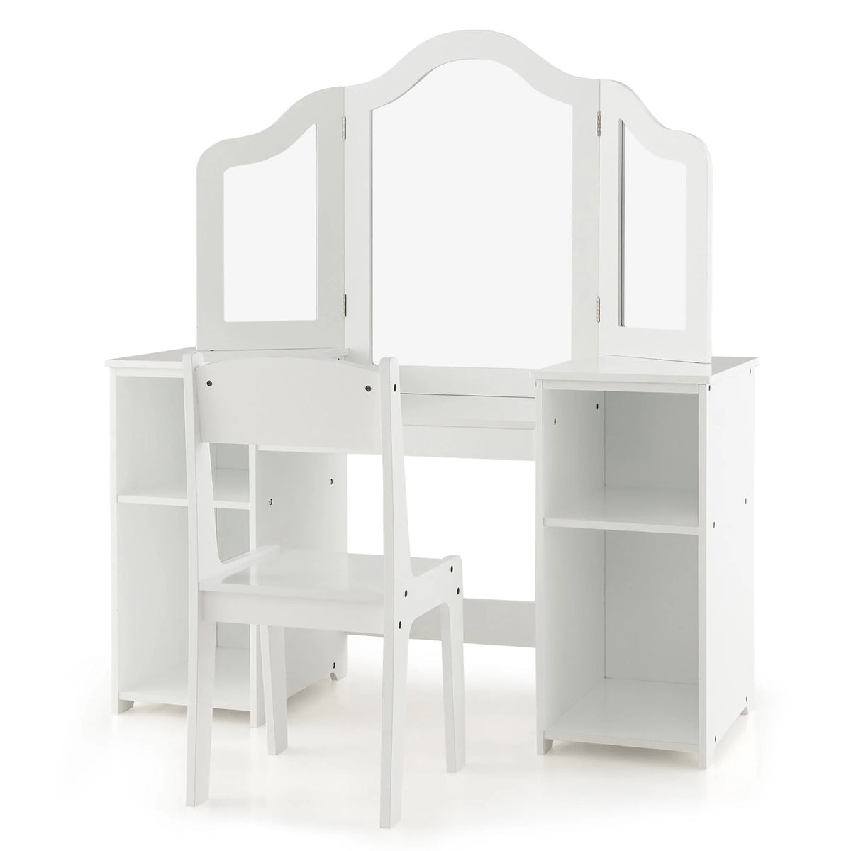 Coiffeuse pour enfant Gymax 2 en 1 Ensemble maquillage princesse avec chaise et miroir pliant sécurisé Blanc