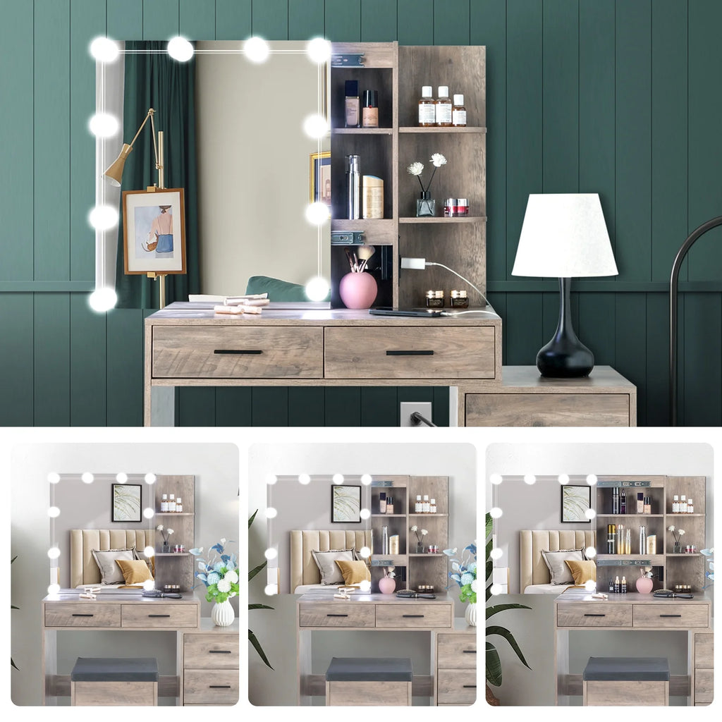 Coiffeuse Ktaxon avec miroir éclairé à 3 couleurs & station de charge, table de maquillage avec 3 étagères de rangement & tiroirs, bureau de toilette avec tabouret, gris rétro