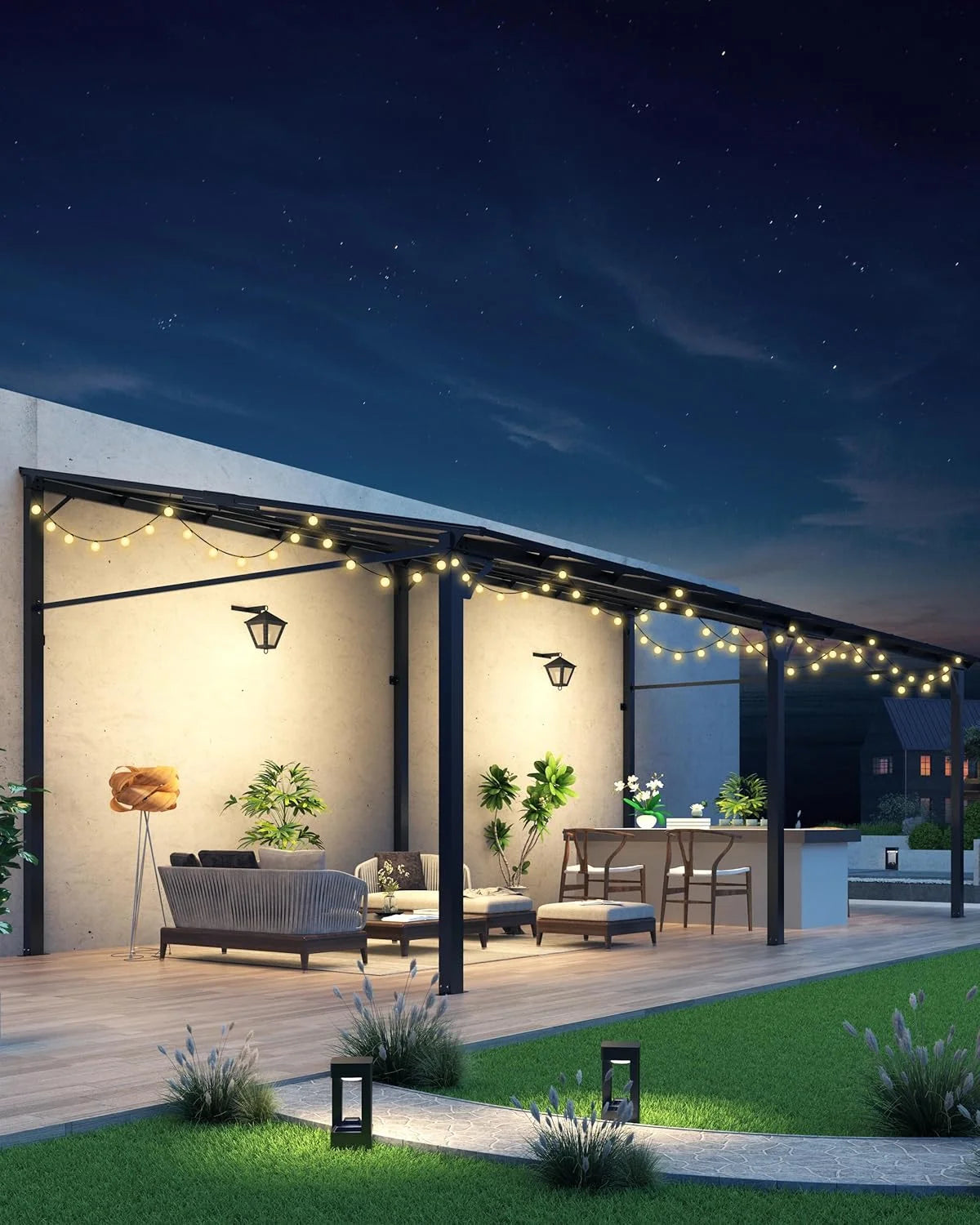 Pinypikaka Gazebo d'extérieur à toit rigide 12'x20', Pergola adossée avec toit pour pelouse, terrasse, deck, jardin, fête