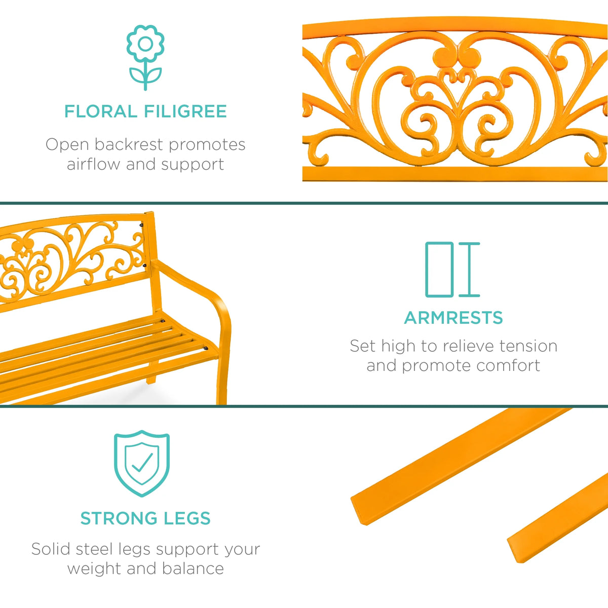 Best Choice Products Banc en Acier d'Extérieur Jardin Patio Porche Meuble avec Dossier à Motif Floral - Noir